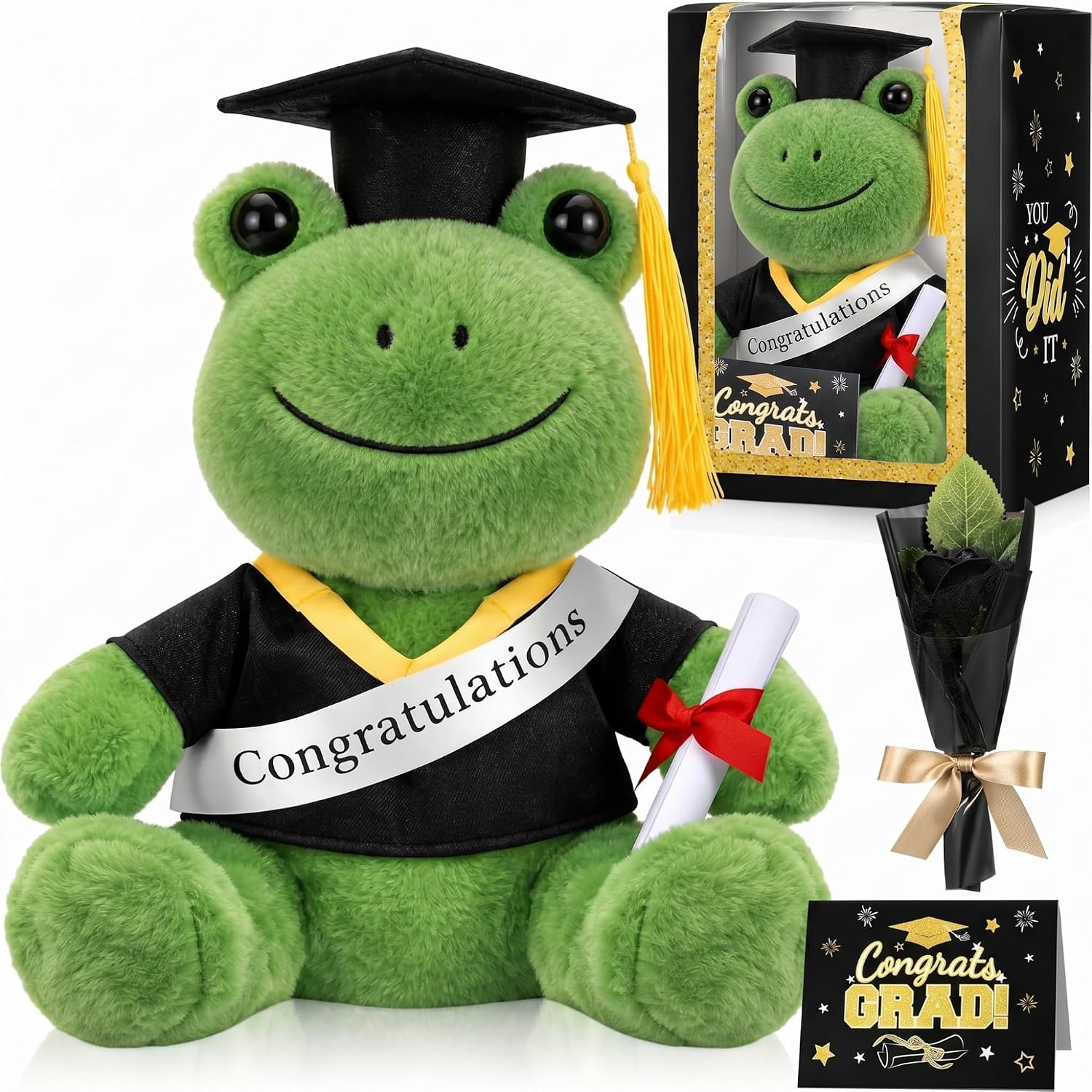 Hollowfly Graduation Frog Gifts Set Include Graduation Frog of 2026 Stuffed Animal with Cap and Gown, Artificial Flower, Graduate Gift Box with Window and Greeting Card for Him or Her(Black, Gold)