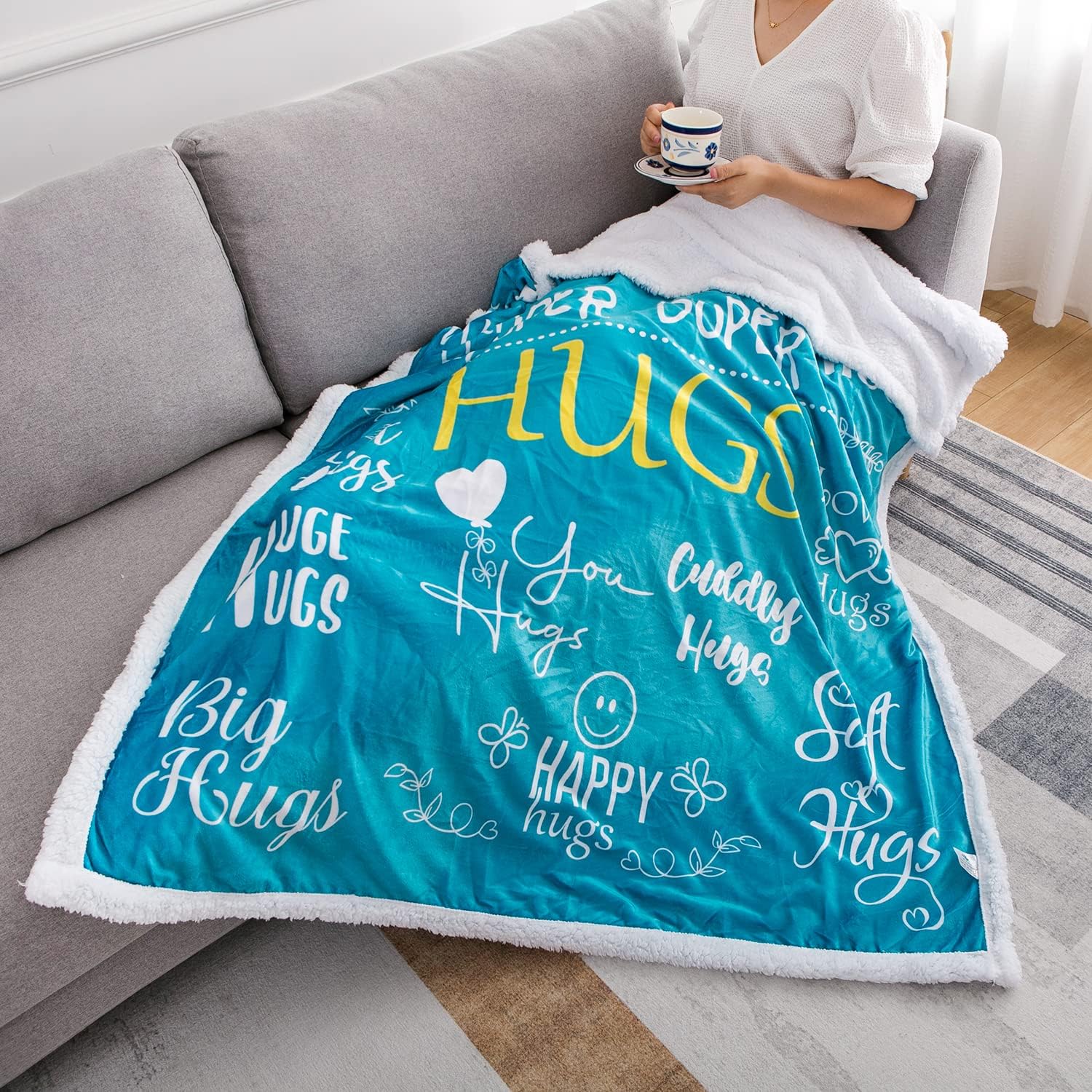 Piwaka Hug Blanket for Women - Get Well Gifts for Comfort & Care, Cozy Soft Flannel Fleece Throw, Surgery Recovery, Thinking of You, Cancer Care, Get Well Soon Gift - Coral Blue (Sherpa Teal)