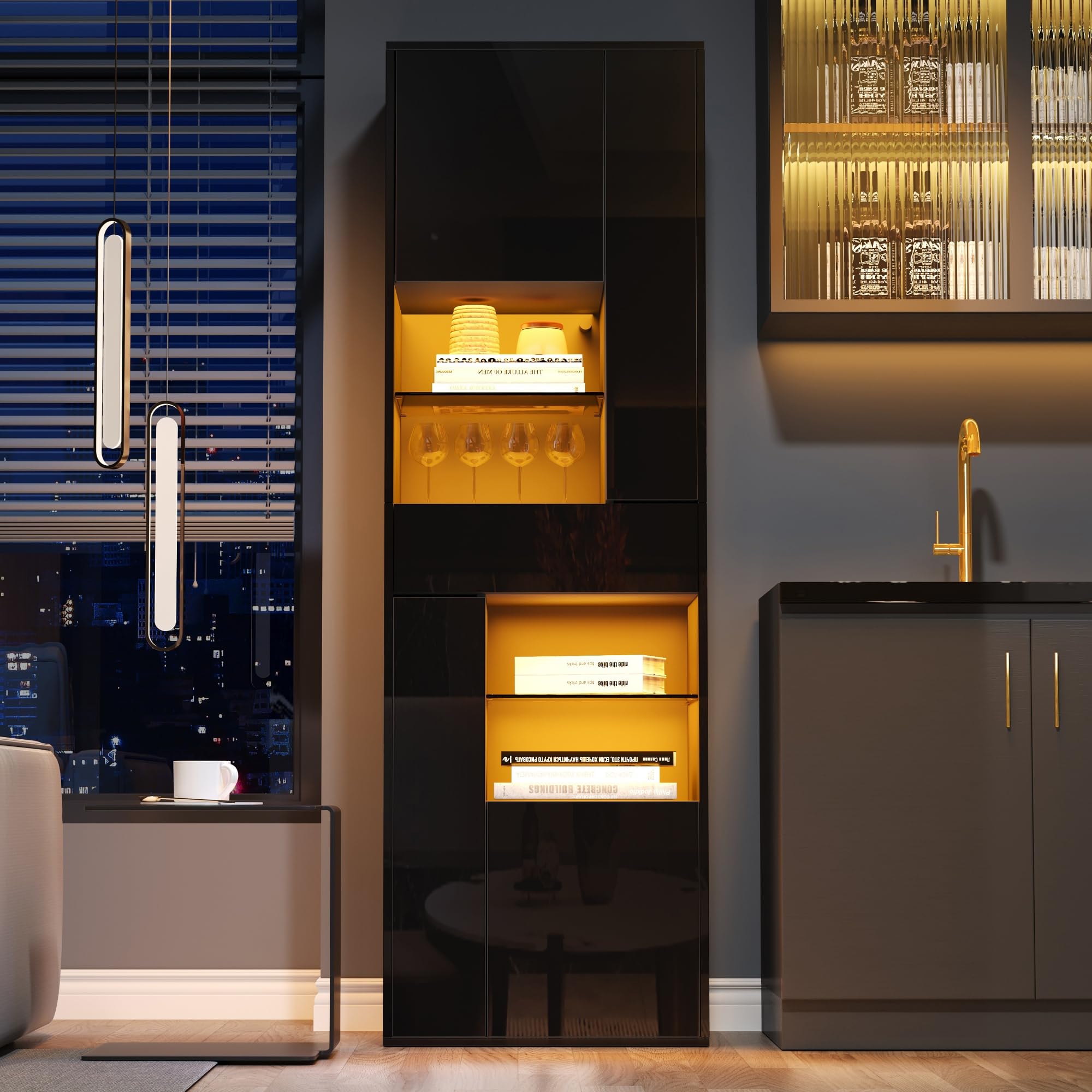 MURUL Verkaufsvitrine, 55x38x170cm Hochschrank mit 1 Schublade und 4 Schränken,Glasvitrine Vitrinenschränke mit led, Vitrinen Mit Hochglanz-Design,Wohnzimmerschränke, Vitrinen, Schaukästen,Schwarz