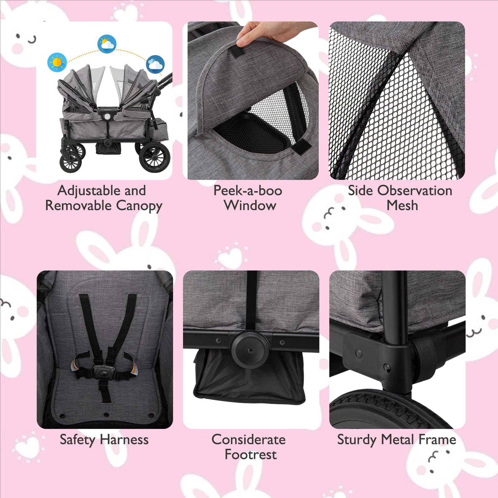 LIFEZEAL 2-Sitzer-Kinderwagen für Kinder ab 6 Monaten, Geschwisterwagen Zwillingskinderwagen mit Becherhalter & Verdeck, Kombikinderwagen mit Wickeltasche für Reisen, 104 x 46 x 107 cm (Grau)