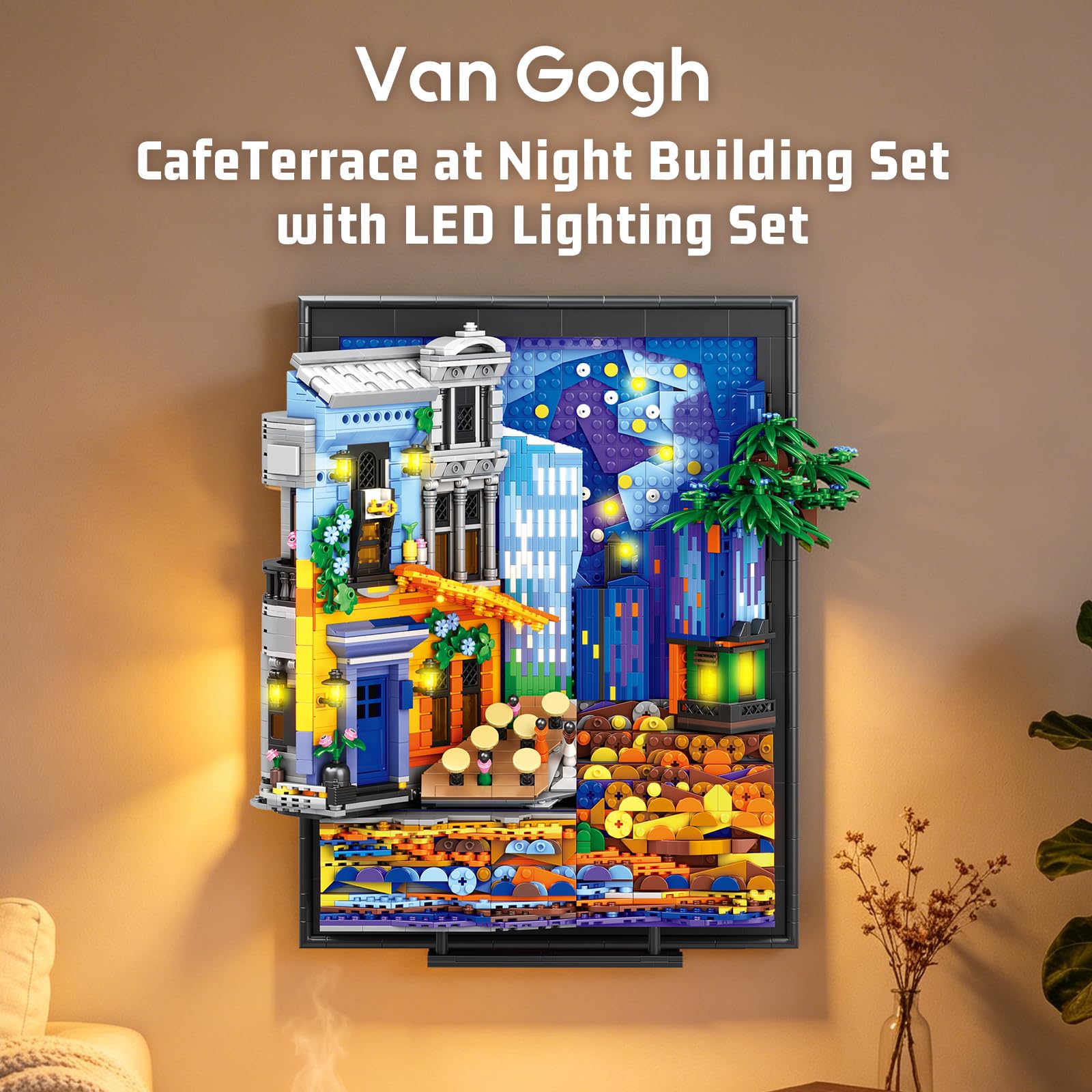 Reobrix 66702 Café Cielo Nocturno con Luces, Set de Bloques de Construcción para Adultos, Marco de Fotos 3D, Modelo Artístico de Van Gogh para Decoración de Pared, Pared o Colocar de Pie(2678 Piezas)