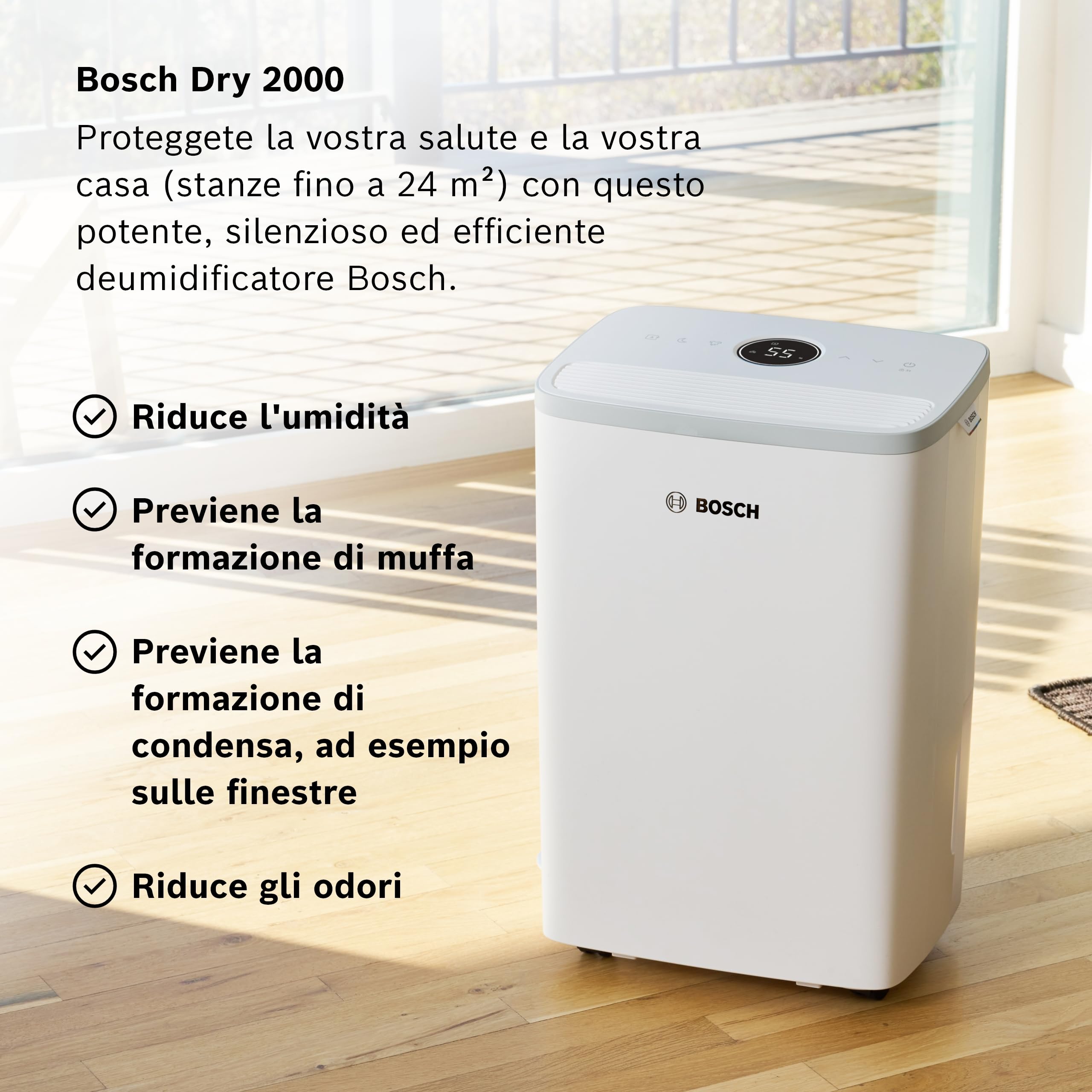 Bosch Dry 2000 - Deumidificatore - Facile. Efficiente. Tranquillo. Per la tua casa e la tua camera da letto - Per Stanze fino a 24 m² - Asciugatura rapida per il tuo bucato