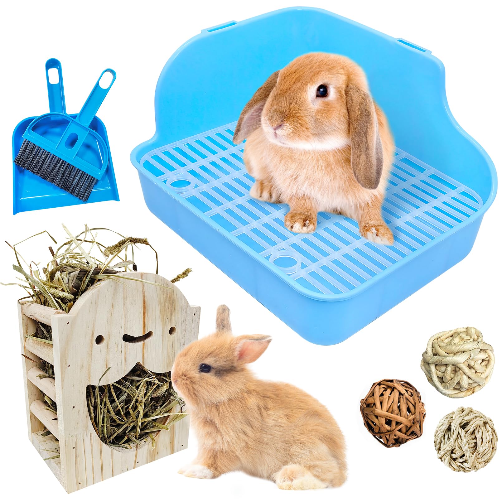 PINVNBY Rabbit Litter Box for Cage Wooden Guinea Pig Hay Rack Feeder Potty Trainer Corner Bunny Litter Box Pet Toilet with Cleaning Set for Guinea Pigs Ferret Rabbits Chinchilla
