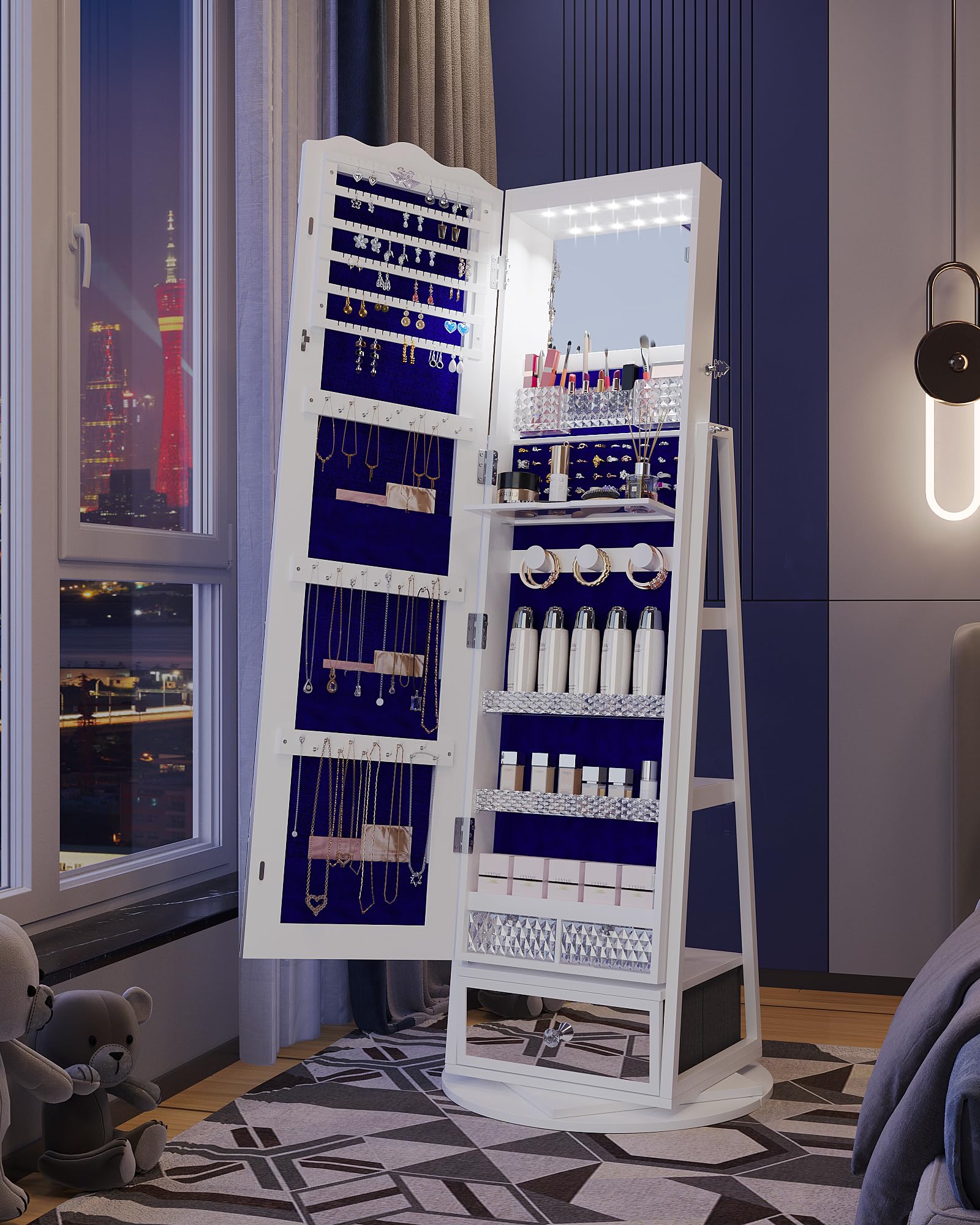 FREDEES Vollspiegel Schmuckschrank: 360° drehbarer Schmuckschrank mit LED-Lichtern, Integrierter Schminkspiegel, Abschließbarer Stehender Schmuckorganizer mit Großem Stauraum, Weiß