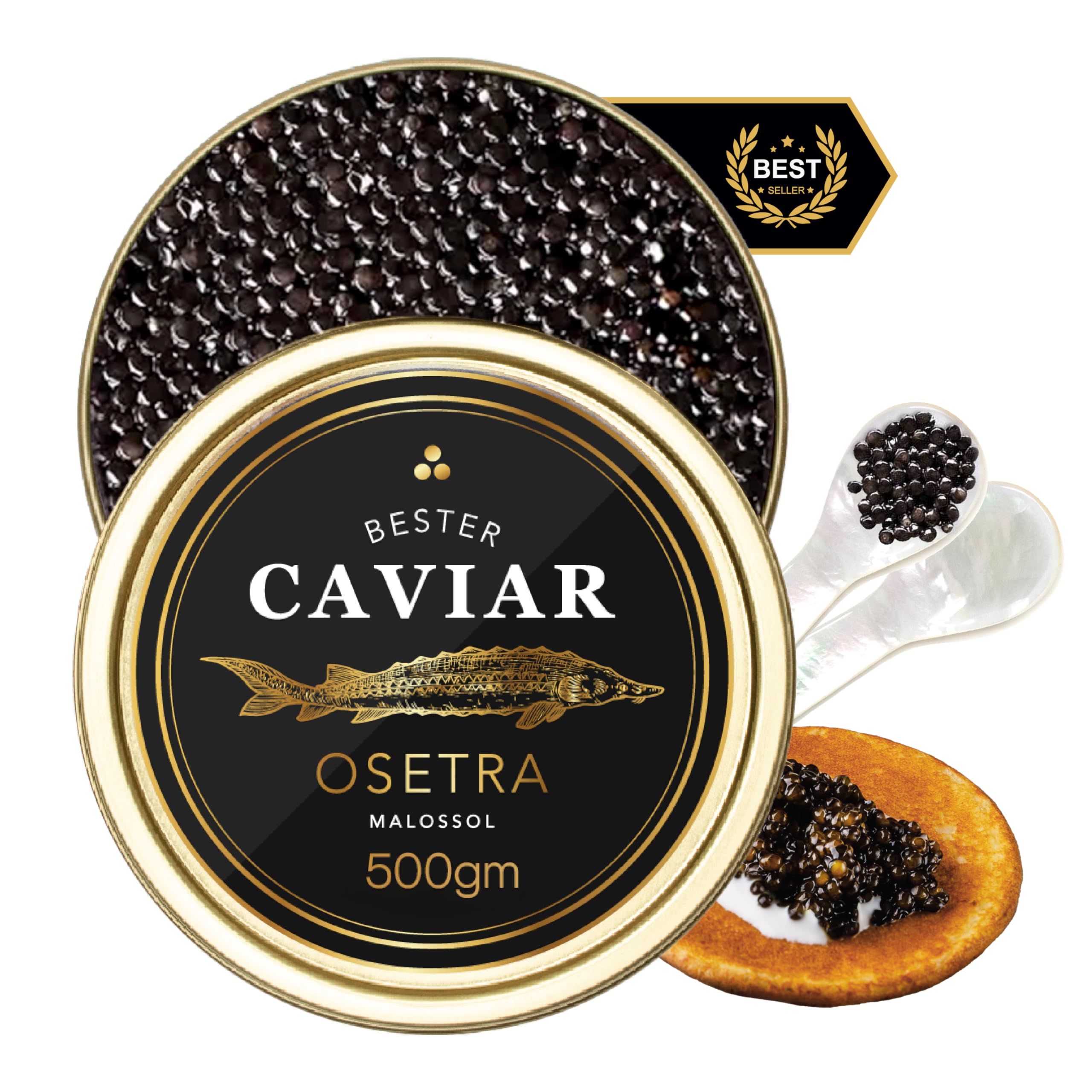 BESTER CAVIAR Premium Osetra Sturgeon Caviar – Traditionally Harvested Malossol Ossetra Black Roe with Crème Fraîche, Tin Opener, 2 Blinis & 4 Pearl Spoons – Single Tin (1.76 oz)