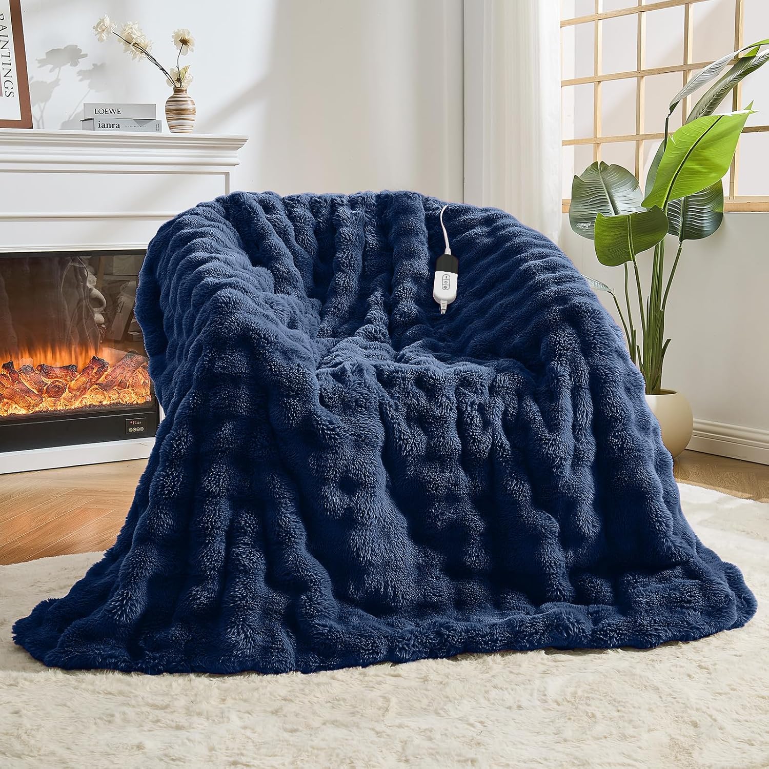 Heated Blanket Electric Throw Blanket 50''X 60''-Heating Blanket with 6 Heat Settings-4 Hours Auto Off,Cozy Faux Rabbit Fur Bubble Electric Blanket,Navy Blue Navy Blue Bubble Throw 50"x60"