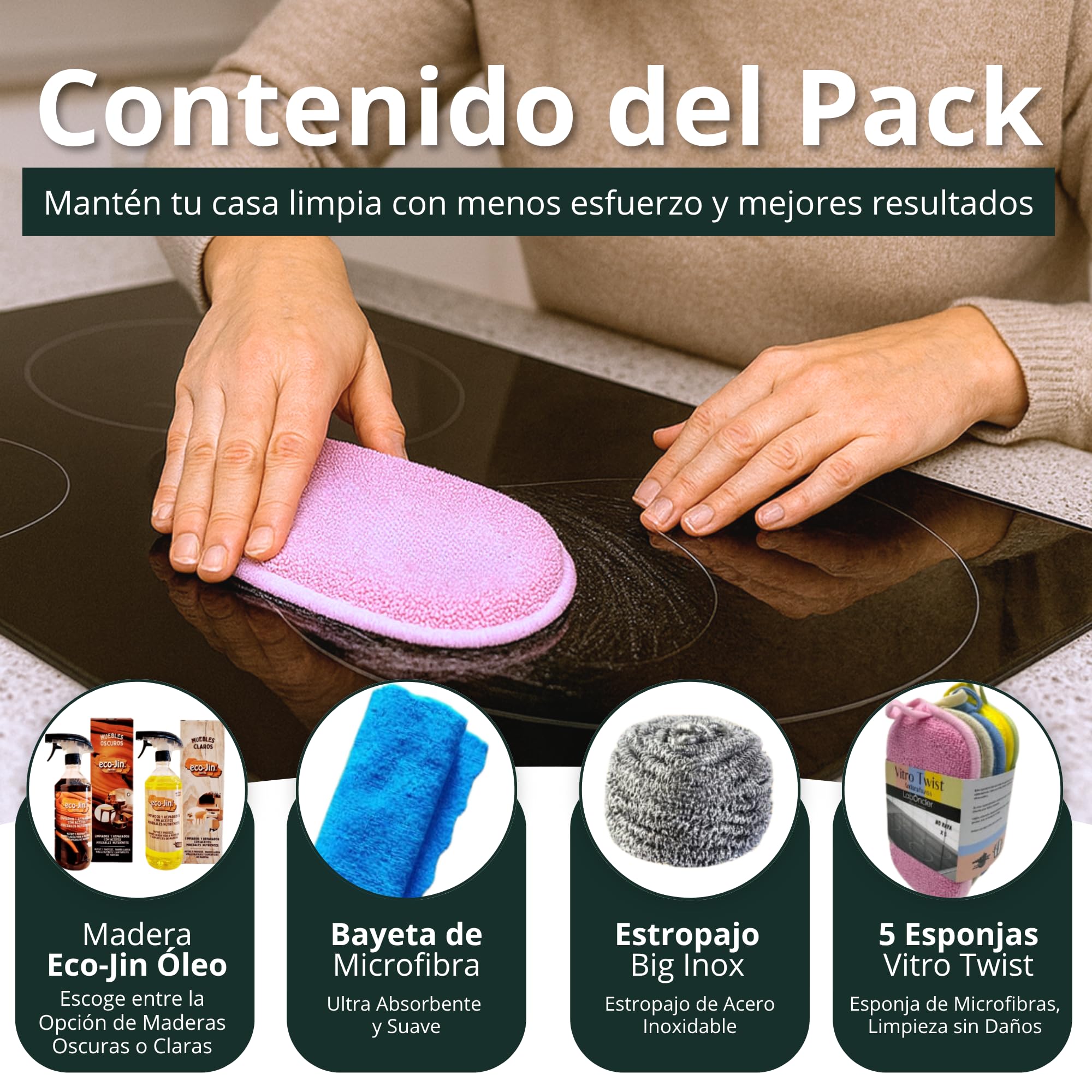 Eco-Jin Pack Oleo Madera Oscura | Bayeta Microfibra | Vitro Twist | Big Inox | Limpiador y Reparador con Aceites Naturales