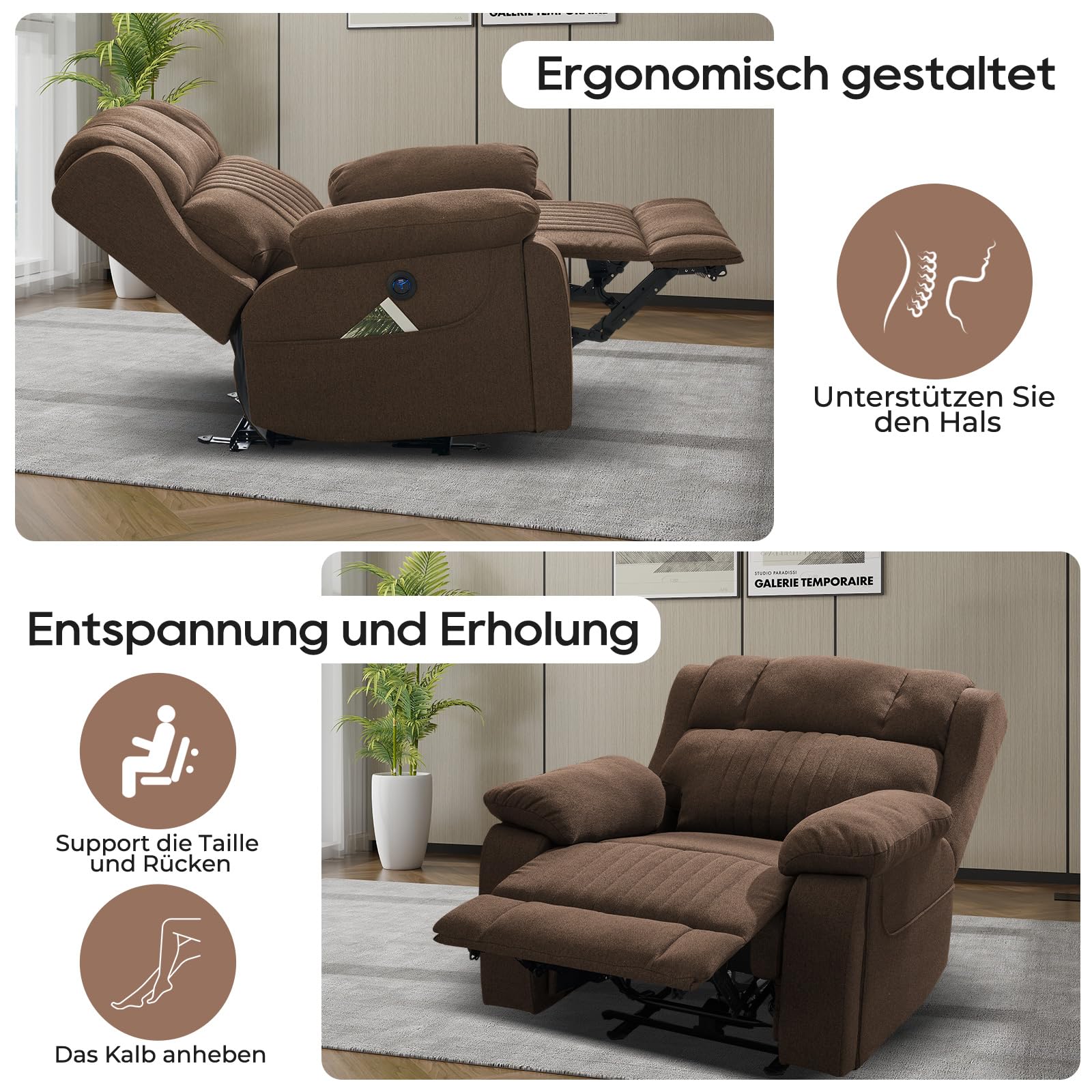 Fernsehsessel Elektrisch Verstellbar, Relaxsessel mit Liegefunktion, TV Sessel mit Massage & Wärmefunktion, Versteckte GeträNkehalter, Typ C & USB-AnschlüSse, bis 160 kg (Braun)