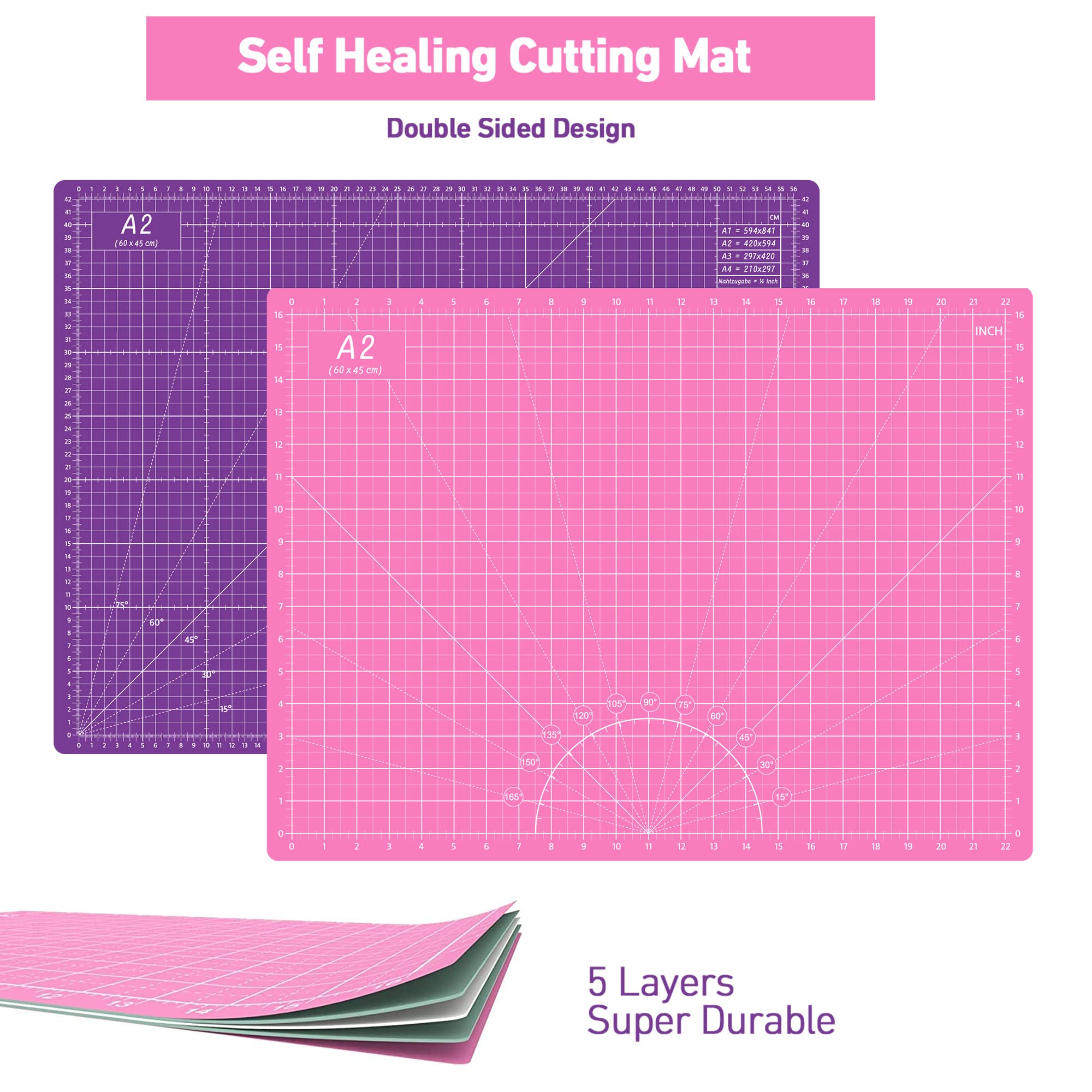 Rollschneider-Set Rosa - Quilt-Kit inkl. 45 mm Stoffschneider, 5 Ersatzklingen, A2-Schneidematte, Acryl-Quilt-Lineal und Nähclips, Bastelmesser-Set, ideal zum Basteln, Nähen, Patchworken