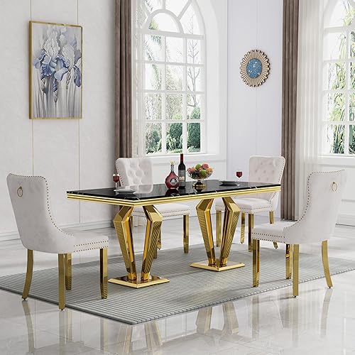 Miniatura 96 de Juego de mesa de comedor de mármol sintético, 7 piezas, juego de mesa de cocina y comedor para 6, mesa de comedor rectangular blanca de 70 pulgadas