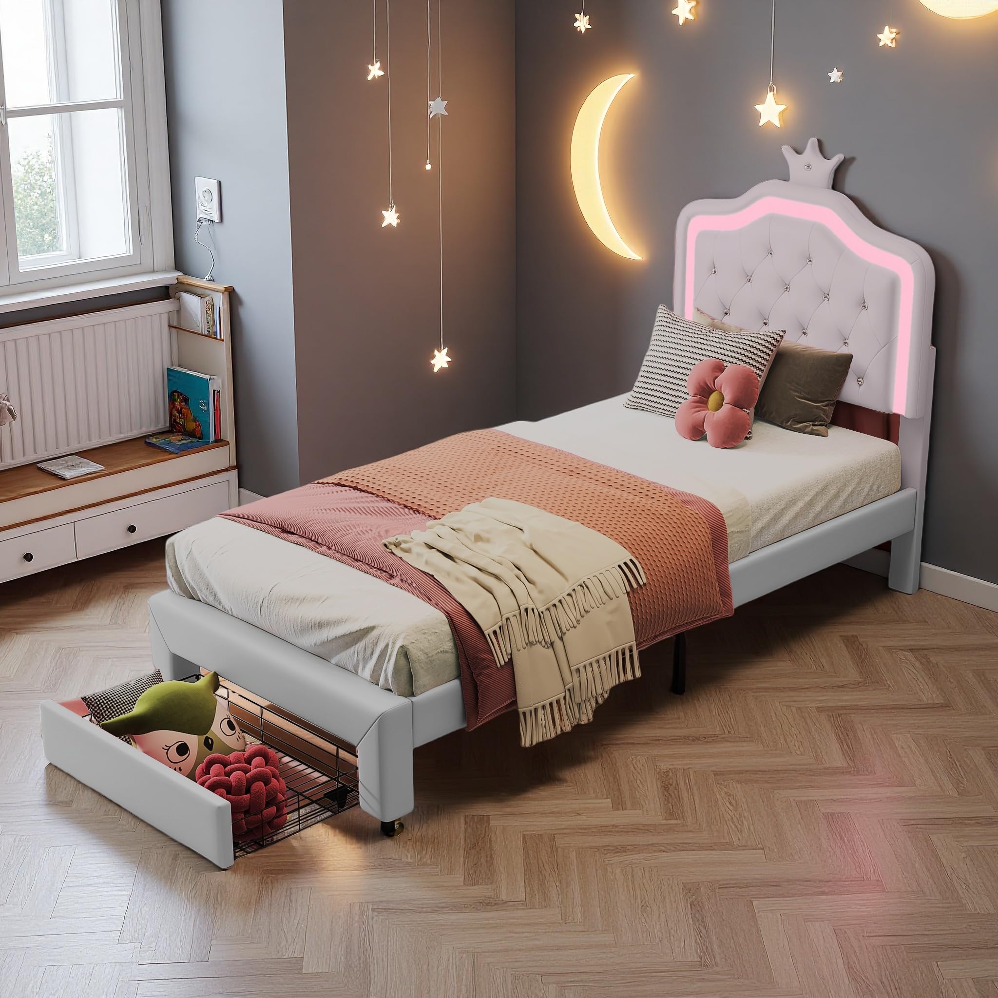 Cama Infantil 90x200 cm, Cama de Princesa con cabecero LED Corona, Camas Individuales Acolchadas con Somier de Láminas, Estructura de Cama para Niña con cajón, Camas de 1 Plaza para Niña