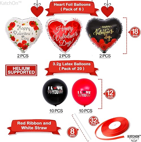 Miniatura 2 de KatchOn, Globos de feliz día de San Valentín, grandes, paquete de 26 | Globos en forma de corazón negro y rojo para decoraciones del día de San