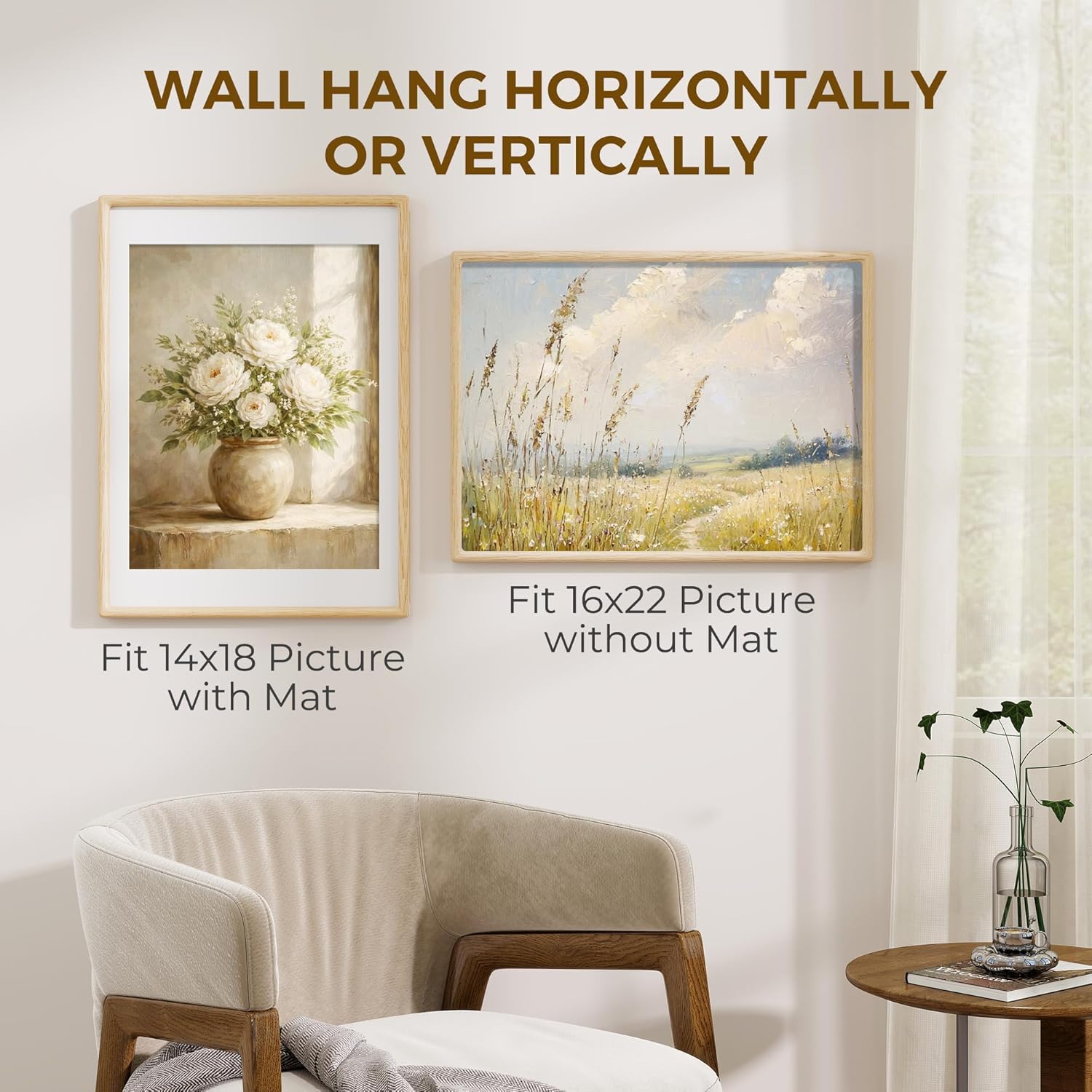 Acovy 16x22 Solid Wood Picture Frame, Natural White Oak Wood Photo Frame with Tempered Glass, Mortise and Tenon Rounded Corner 16 x 22 Wooden Frame Matted to 14x18 Photos, Wall or Tabletop Display