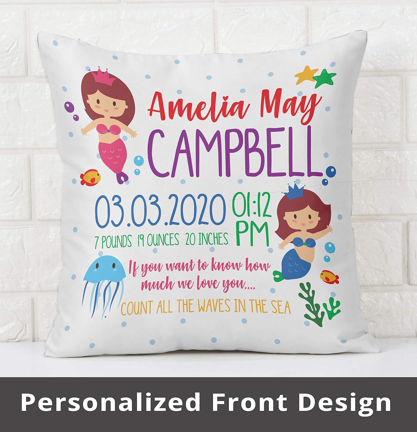 Printtoo Personalized Birth Announcement Pillow with Insert-Custom Baby Footprint Birth Stats Baby Boy Girl Gift Nursery Decor-14x14 Inches image 2