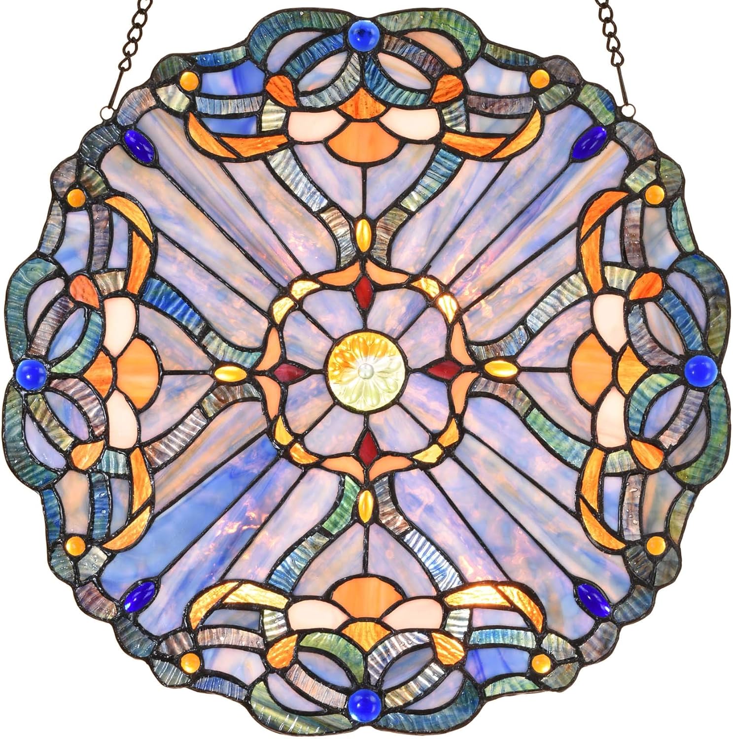 Bieye W10069 Baroque Tiffany Style Stained Glass Window Panel, Round Shape, 16 inches Wide