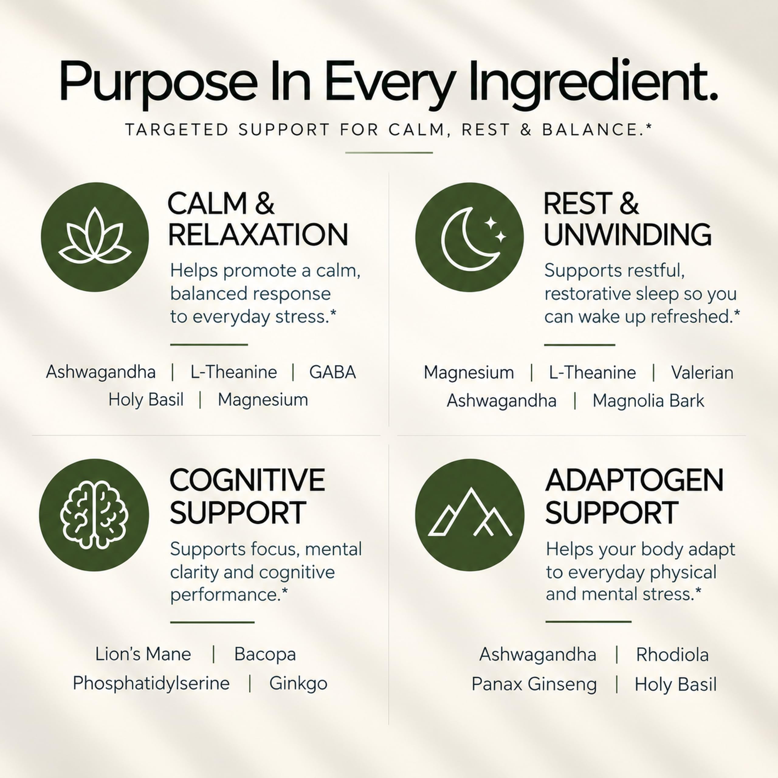 DLNIA Super Calm Cortisol Supplement with Magnesium Glycinate, Ashwagandha KSM-66, L-Theanine, Phosphatidylserine, Ginkgo Biloba & Lions Mane for Calm, Focus, Mental Clarity, Relaxation, Sleep, Energy — Amazon image 4