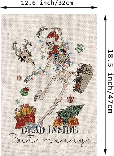 Miniatura 2 de Bandera de jardín de Navidad con esqueleto muerto en el interior pero feliz de doble cara para exterior de arpillera vertical, divertida, Navidad,