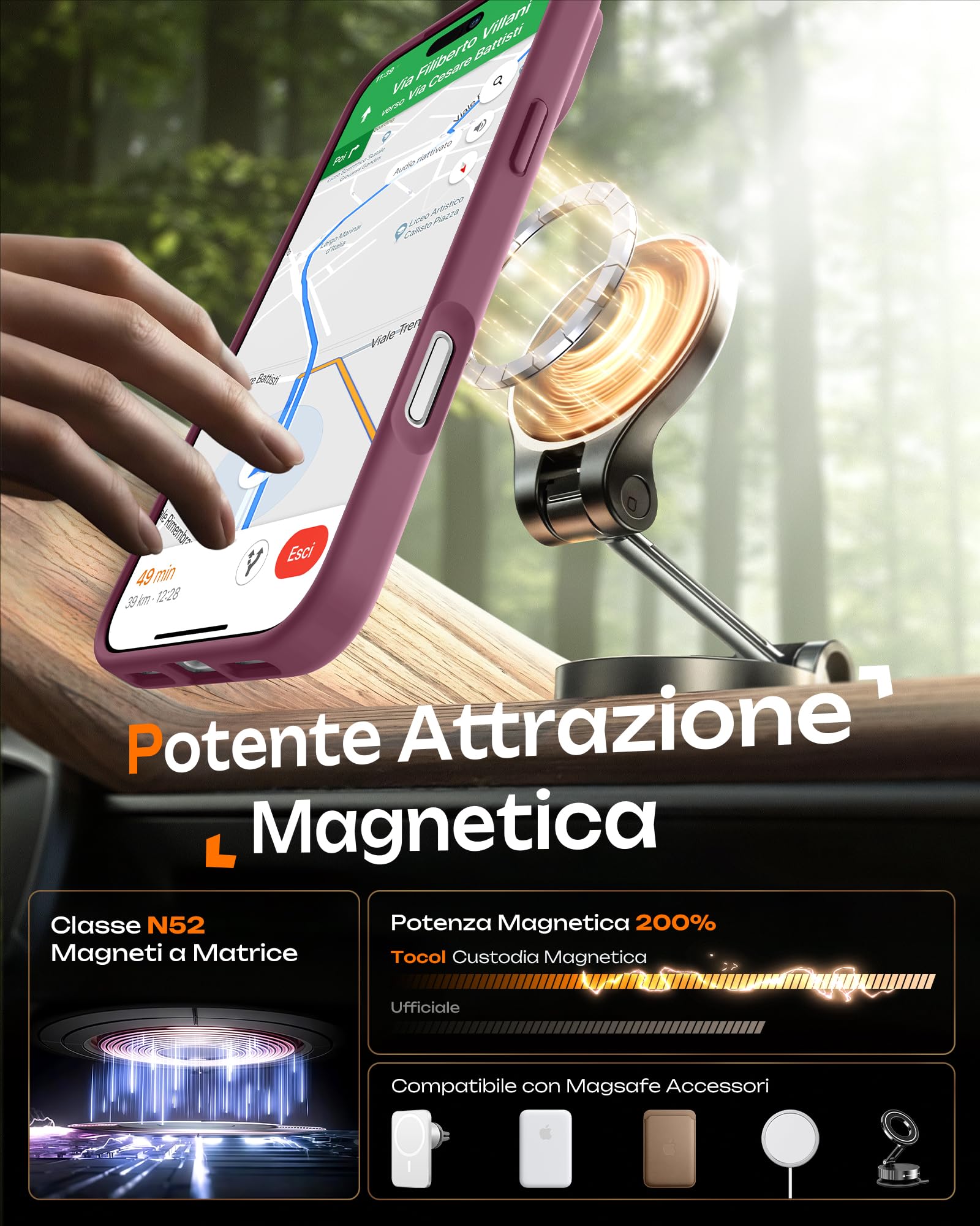 TOCOL Cover Magnetica per iPhone 17 Pro Max 6,9 Pollic, Compatibile con MagSafe, Anello Magnetico Incorporato, Protezione Fotocamera Integrata, Custodia Antiurto Traslucida Opaca, Prugna