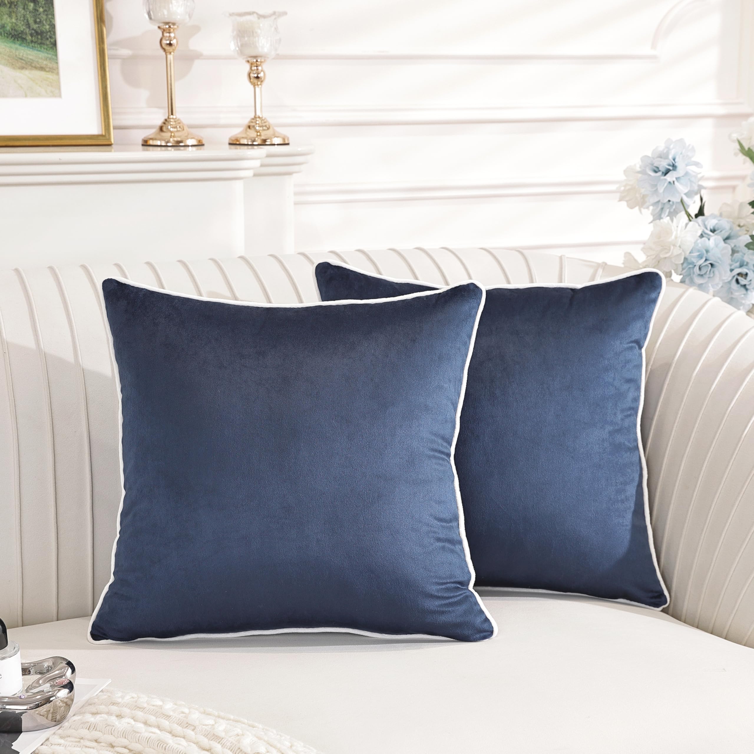 TAOSON Set of 2,Navy Blue Velvet Throw Pillow Covers Decorative White Rope Edging Couch Pillow Covers for Modern Home Decor Cushion Cases Pillowcases for Living Room Couch Sofa Bed Bedroom,18x18 Inch