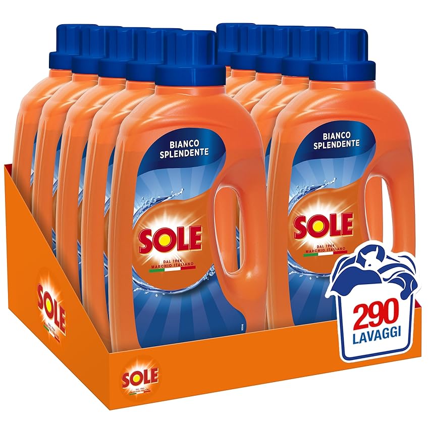 Sole Detersivo Lavatrice Liquido Bianco Splendente 290 Lavaggi, Formula Igienizzante, 10 Confezioni da 29 Lavaggi