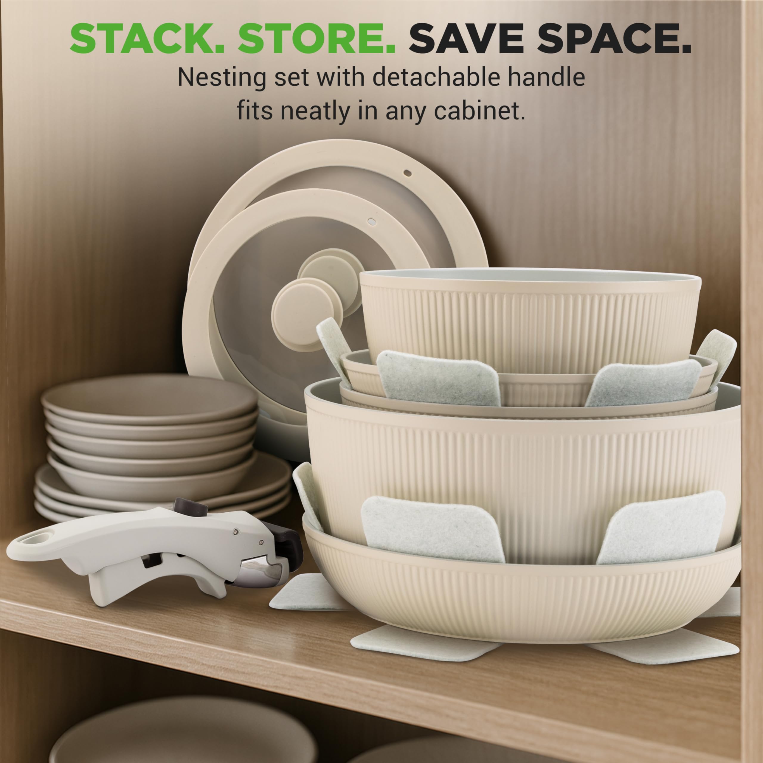 NutriChef Zestaw Naczyń Ceramicznych 18 Sztuk z Odczepianymi Rączkami, Patelnia i Garnki z Powłoką Nieprzywierającą, Powłoka Ceramiczna Bez PTFE, Oszczędność Miejsca, Do Pieca, Kremowy