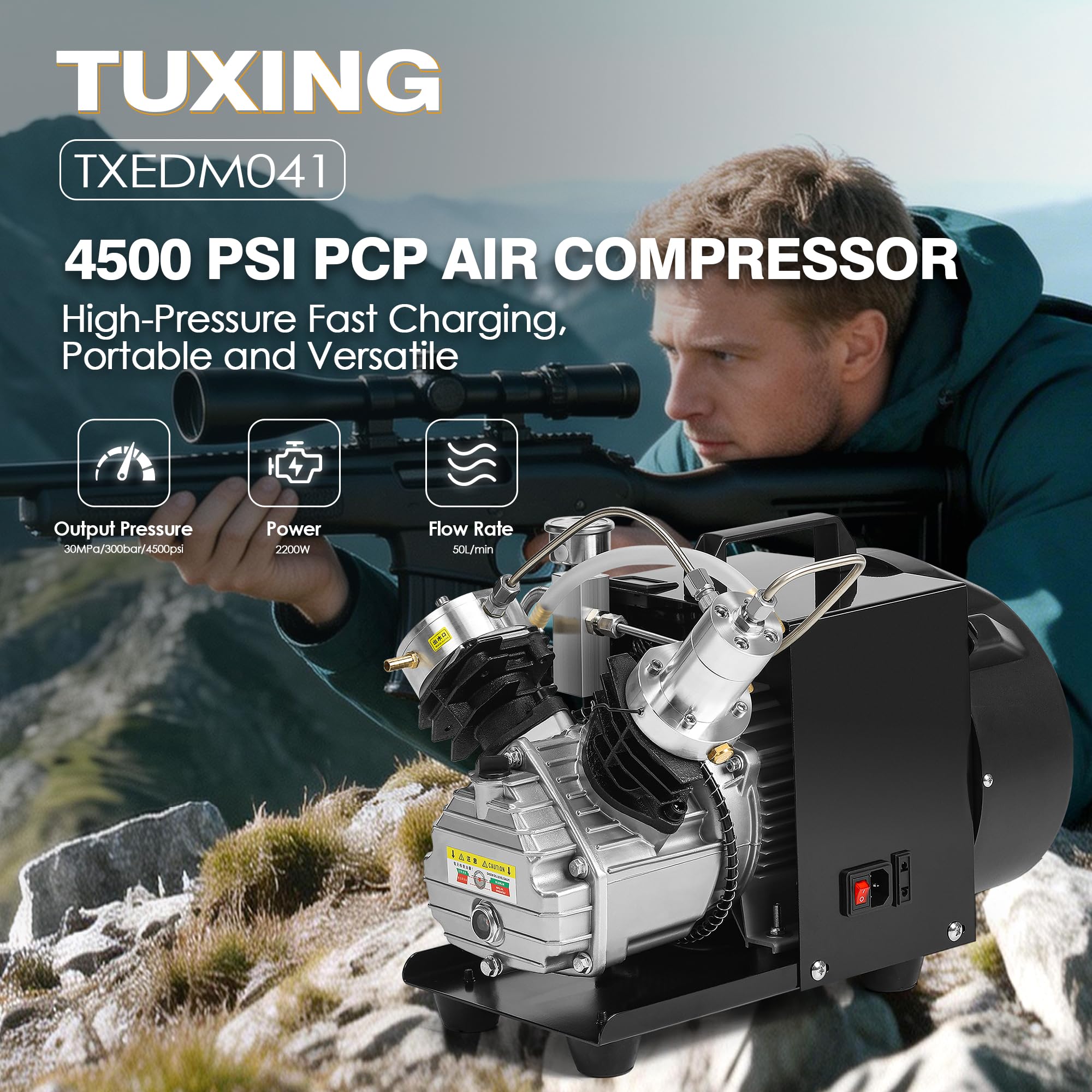 Compresor de aire TUXING 4500Psi Pcp, compresor de aire de tanque de buceo, compresor de aire de alta presión de mini cilindro doble para llenado de tanque de paintball/buceo 220 V (TXEDM041)