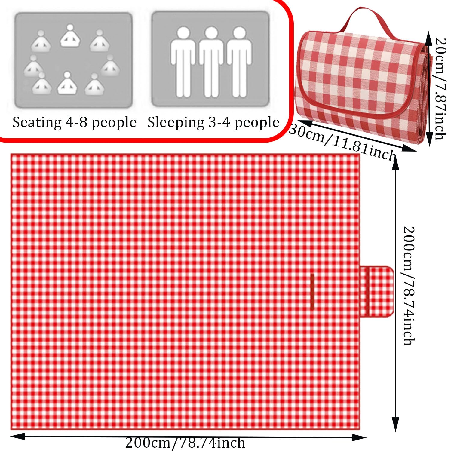 Coperta Pic Nic Impermeabile 200x200cm Rosso Pieghevole XXL per Esterni Campeggio Spiaggia