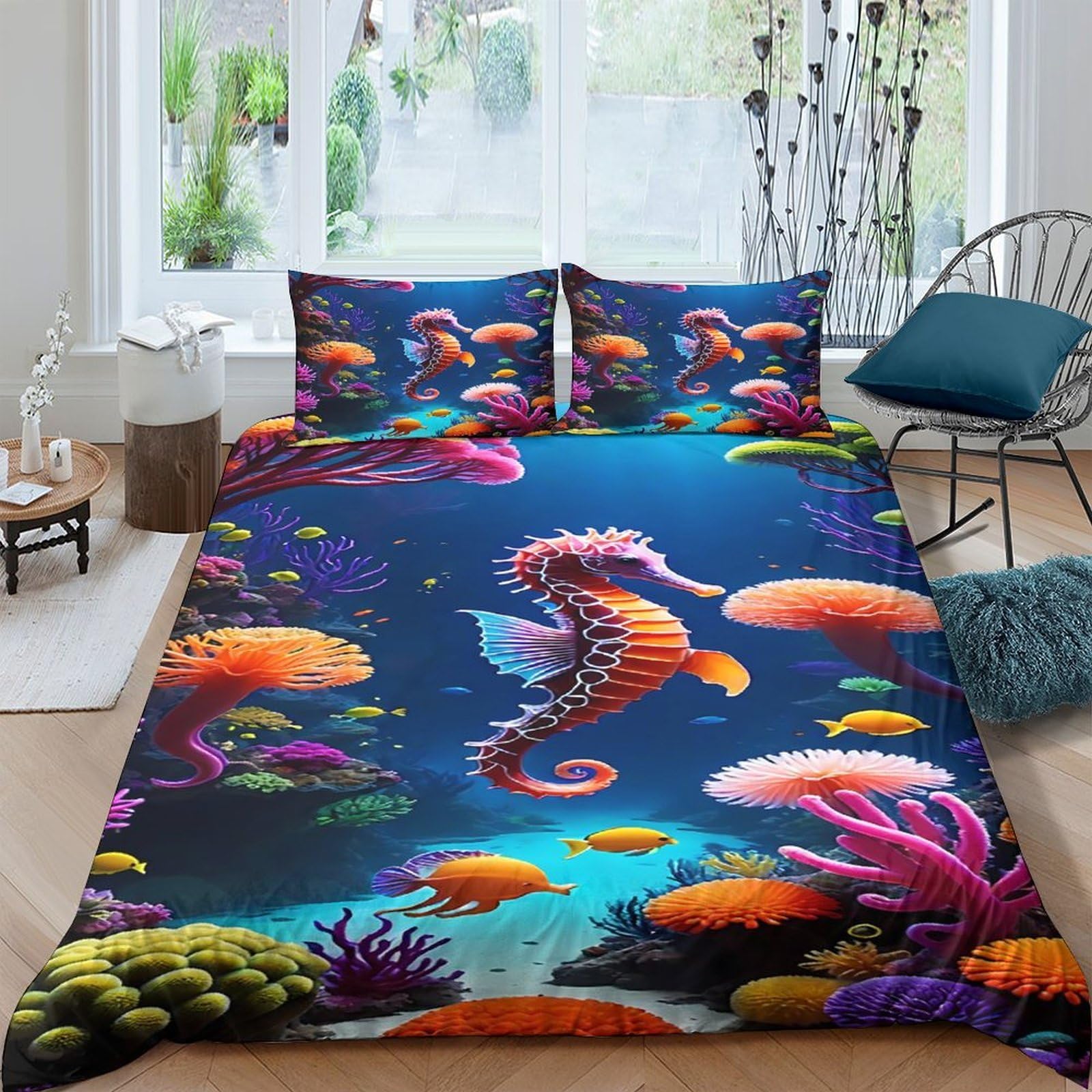 Ctjqhvkz Style-5 3D Printed Vibrant Coral Reef Fitted Sheet Microfiber Soft Anti-Slip Seahorse Bed Cover For Bedroom Dorm Home Decoration Single（135X200cm）