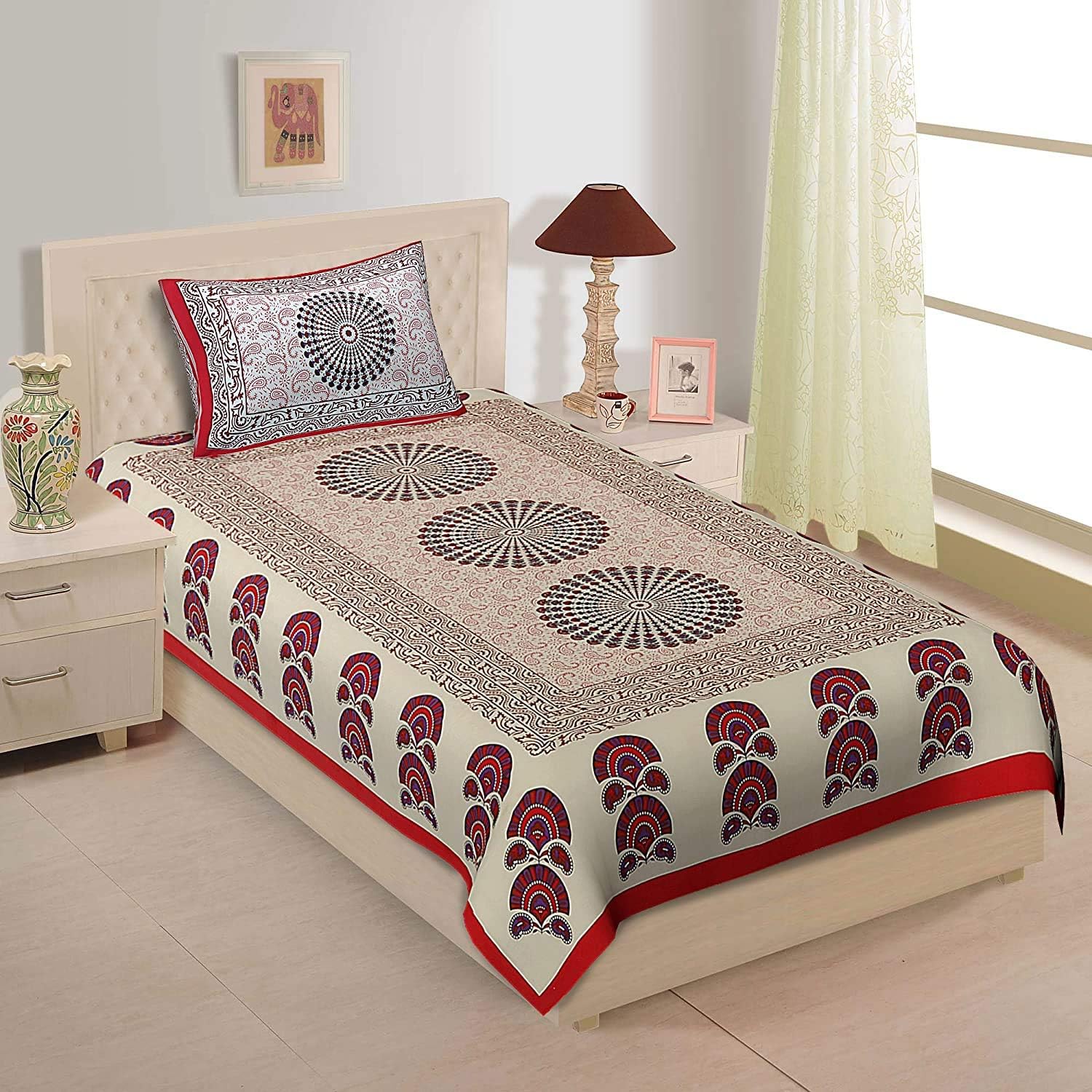 EarlyMart Comfort Rajasthani Jaipuri Traditional Sanganeri Printed 144 TC Cotton Single Size Bed Bedsheet with 1 Pillow Cover - Multicolor