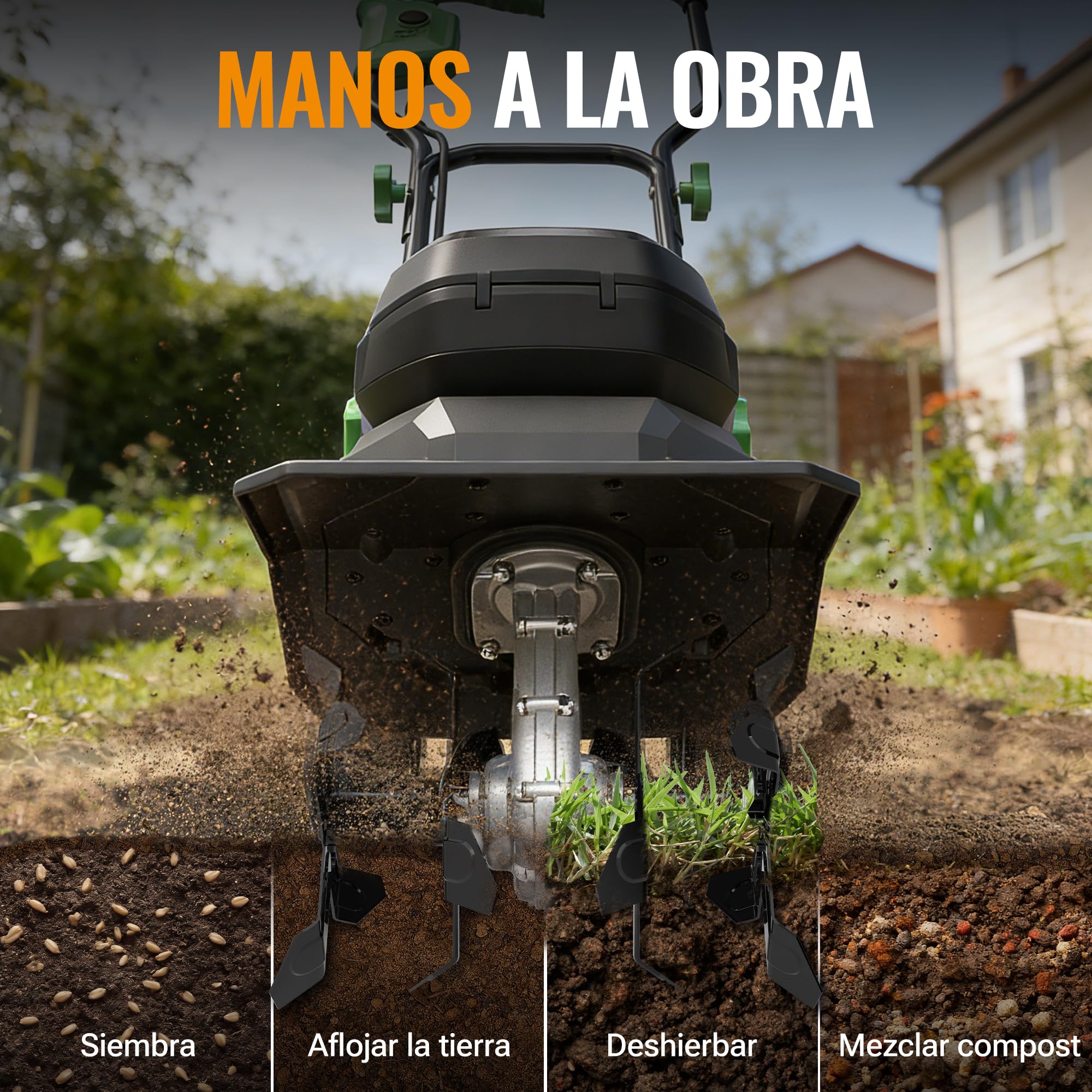 WORKPROX Motoazada Eléctrica a Batería 40V con 2×4,0Ah, Cultivador de Jardín Inalámbrico, Ancho de Trabajo 30 cm, Profundidad 20 cm, Ruedas Ajustables, Mango Plegable