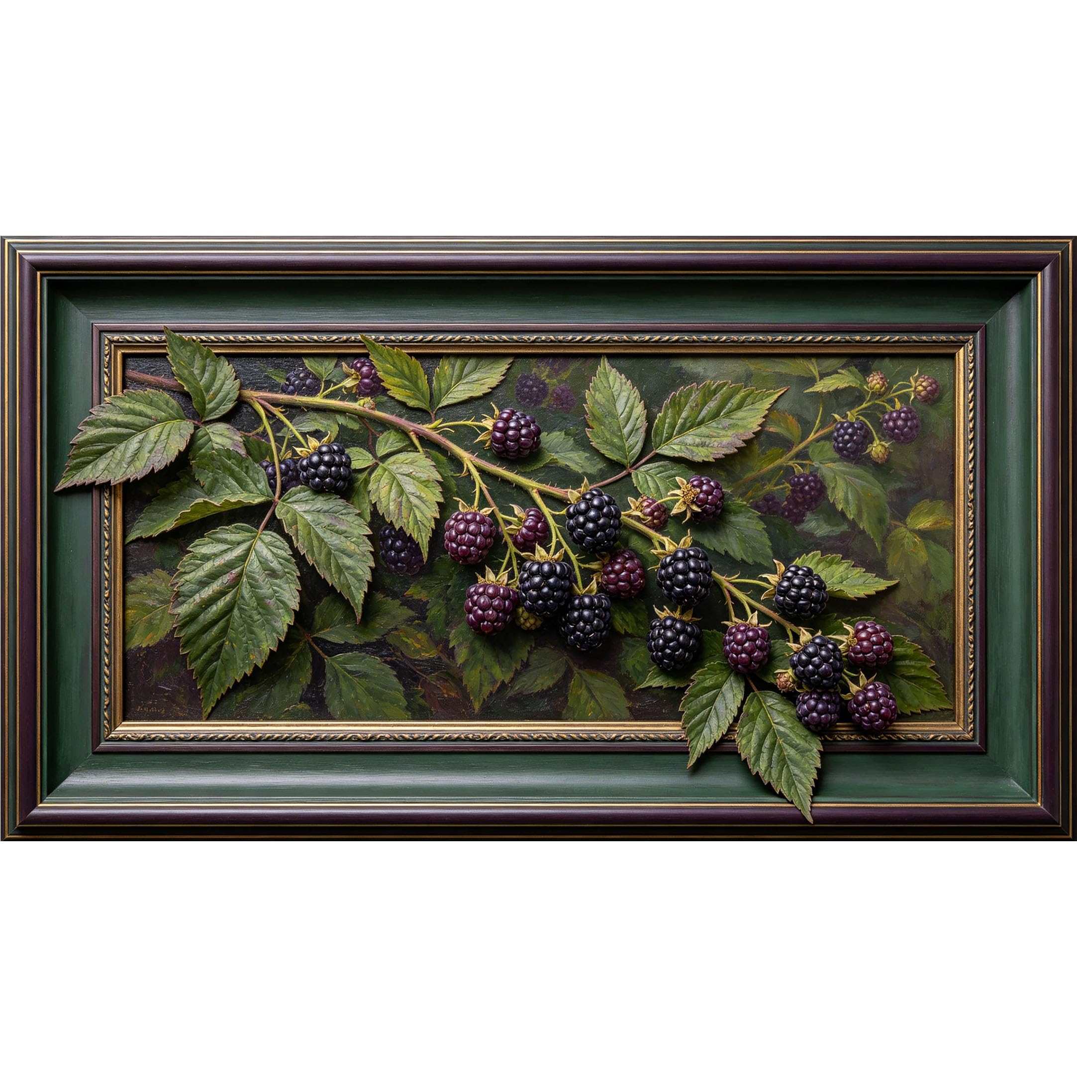 QZLITHOTIC 50x90cm3D Framed Wall Art， Botanical Blackberry Branch Oil Painting Style Self‑Adhesive Mural， Water‑Activated Peel & Stick Fabric Decor Wall Decal for Bedroom Living Room