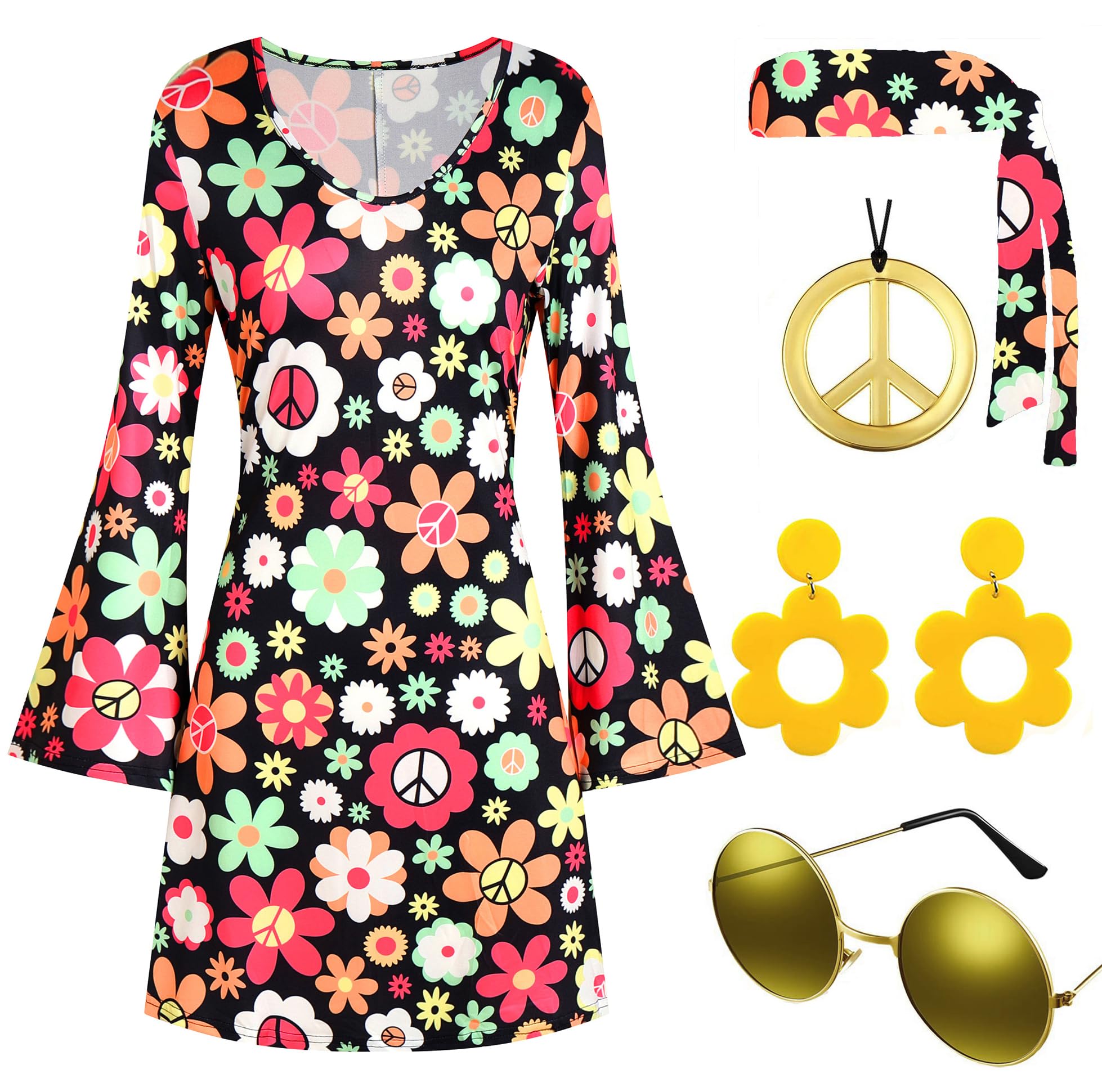 Deerjoke 60s 70s Disco Outfit Hippie Costume Women, 1970 Style Clothes Dress Peace Sign Accessories Jewelry Halloween