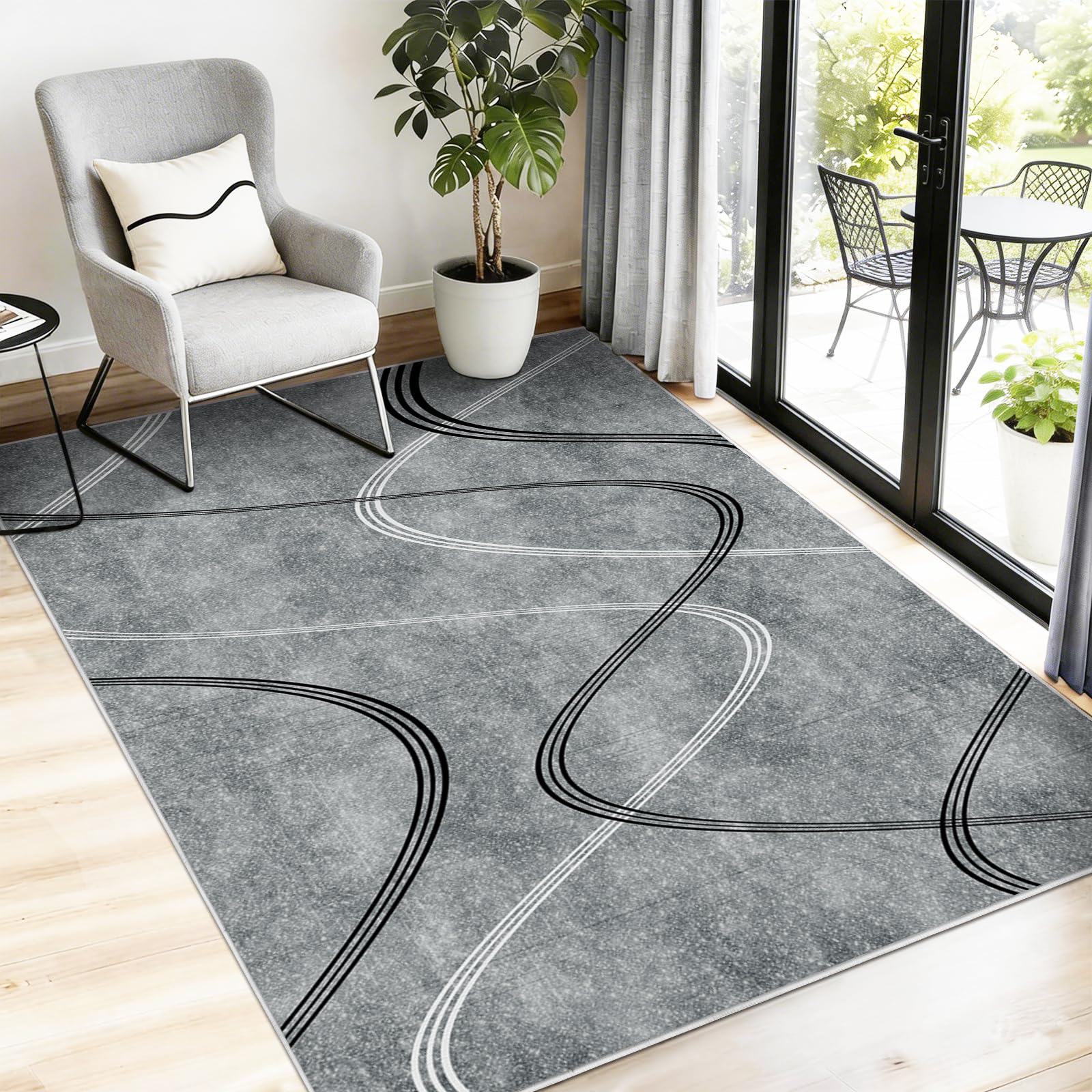 Alishomtll Alfombra de salón gris de pelo corto, 160 x 230 cm, diseño de líneas geométricas, con parte inferior antideslizante, moderna, suave, lavable, alfombra de cocina para dormitorio, entrada y