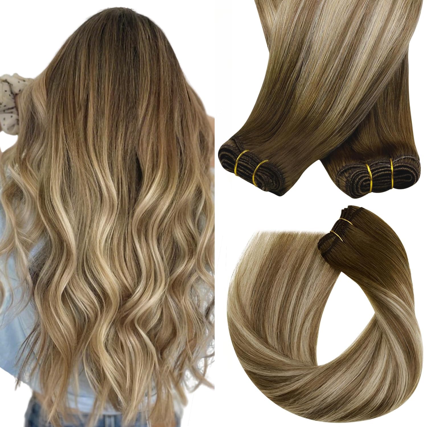 Sunny Hair 135g Weft Hair Extensions Human Hair Invisible Sew in Hair Extensions Dark Brown Roots to Light Brown Mix Blonde Machine Weft Human Hair Extensions for Women Charming 24inch