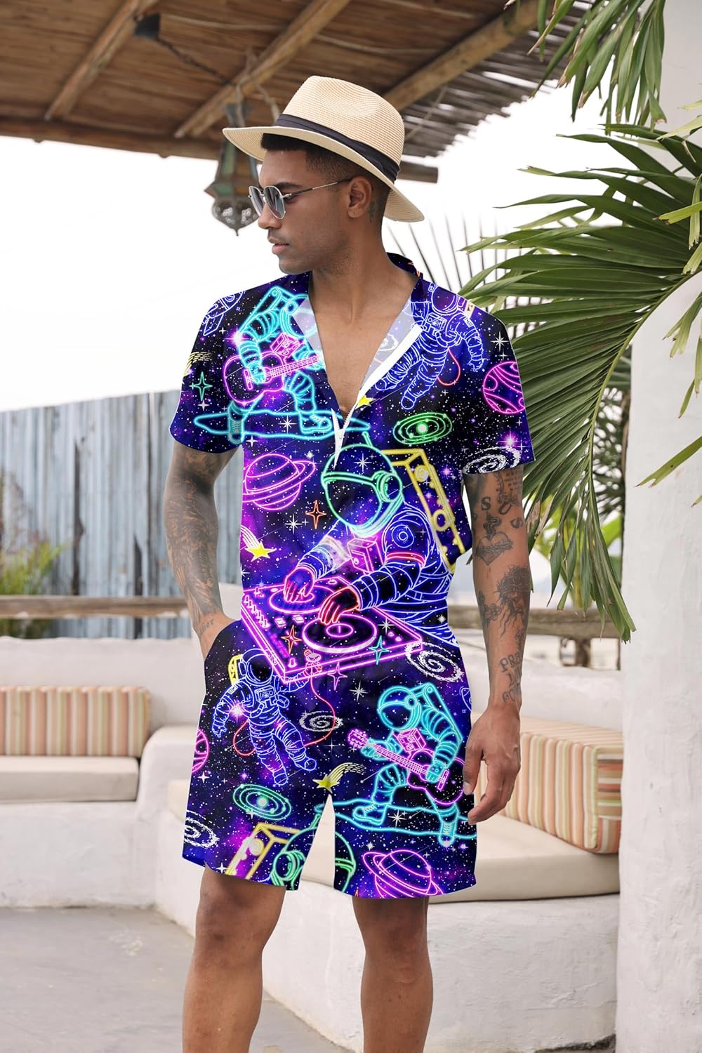 Goodstoworld Male Hawaiian Romper Fashion Zipper Slim Fit Jumpsuit with Pocket S-XXL