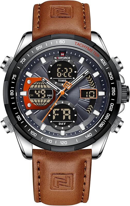 NAVIFORCE Relojes digitales militares para hombre Reloj analógico de cuarzo resistente al agua Reloj de pulsera deportivo de cuero multifuncional