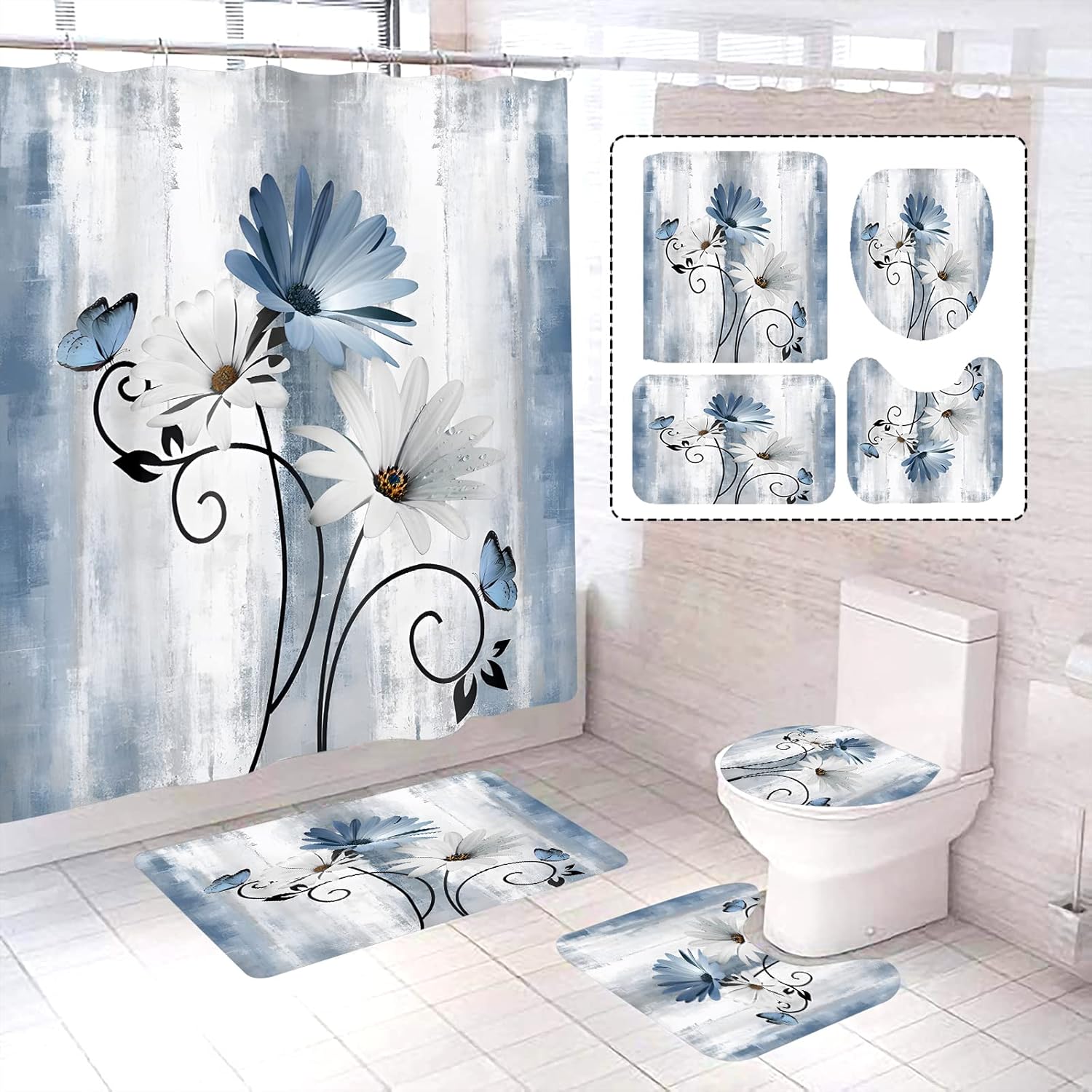 4 Pcs Blue Daisy Shower Curtain Set,Rustic Farmhouse Floral Flowers and Butterfly Turquoise Blue On Country Wooden for Bathroom Shower Curtains Big Bath Mat with 12pcs Hooks,70"x 70"