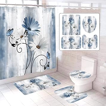 4 Pcs Blue Daisy Shower Curtain Set,Rustic Farmhouse Floral Flowers and Butterfly Turquoise Blue On Country Wooden for Bathroom Shower Curtains Big Bath Mat with 12pcs Hooks,70"x 70"