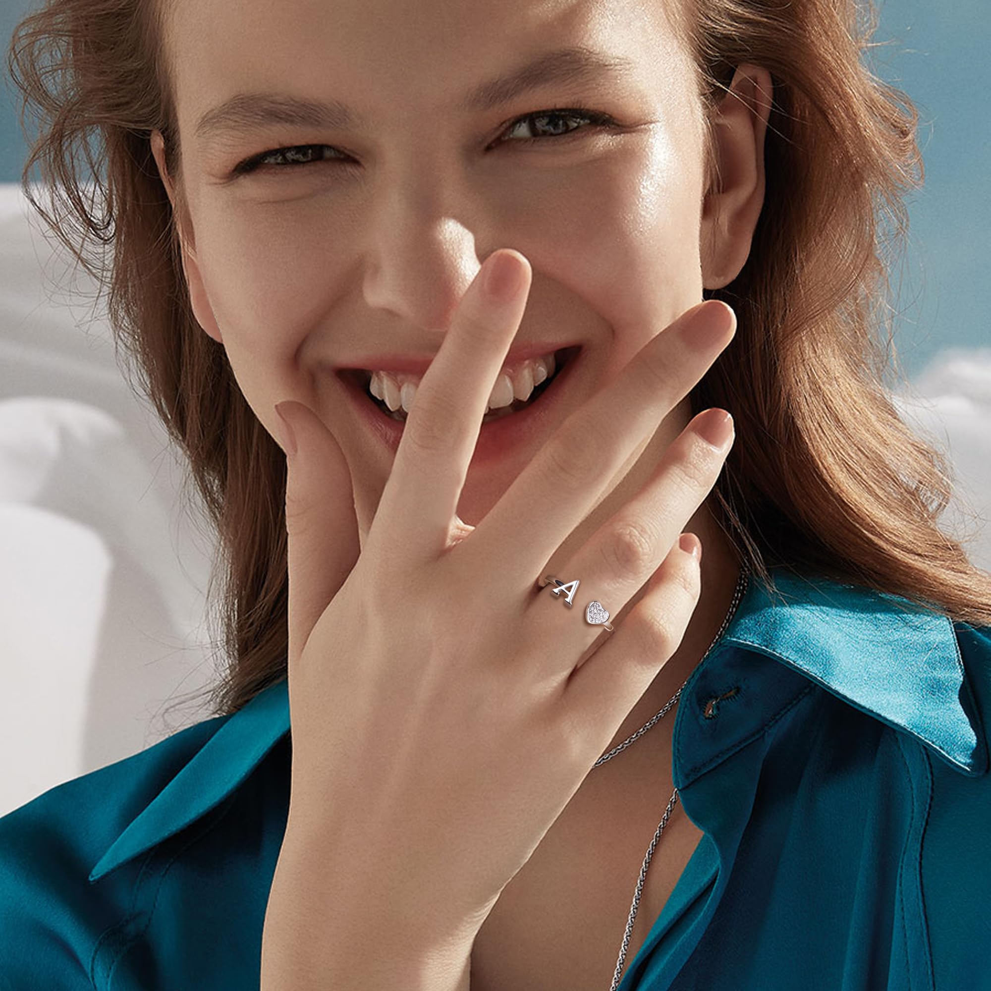 JeweBella Anelli Donna Argento 925 con Iniziale A-Z Anello Cuore Regolabili Anello di Promessa Anello Fidanzamento FEDI Nuziali Anelli Mignolo Anelli Pollice Donna Ragazza Gioielli con Scatola Regalo