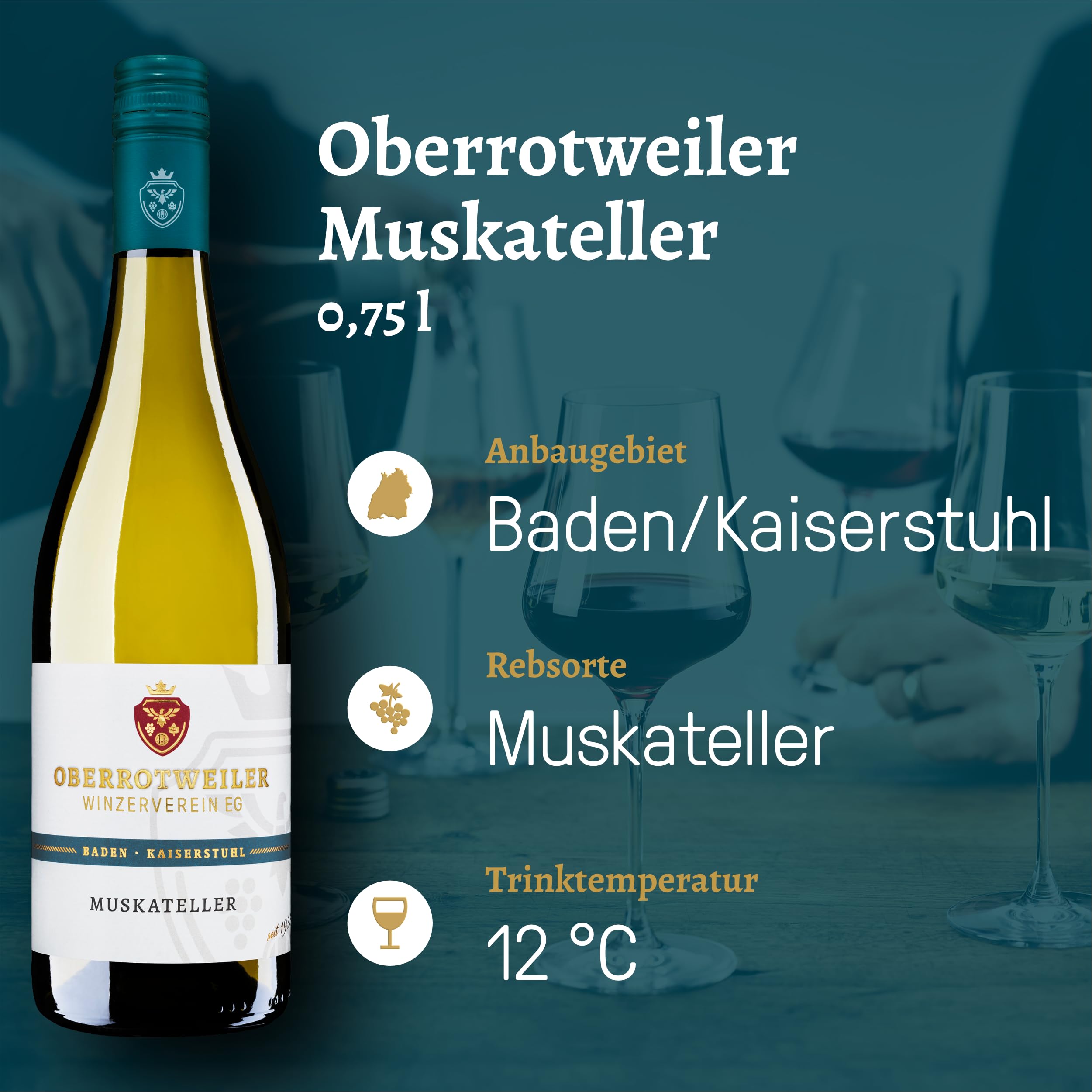 Oberrotweiler Muskateller QbA - Weißwein lieblich, frisch fruchtig süß im Geschmack - Badischer Qualitäts-Wein, Anbaugebiet Kaiserstuhl (6 x 0,75 l)