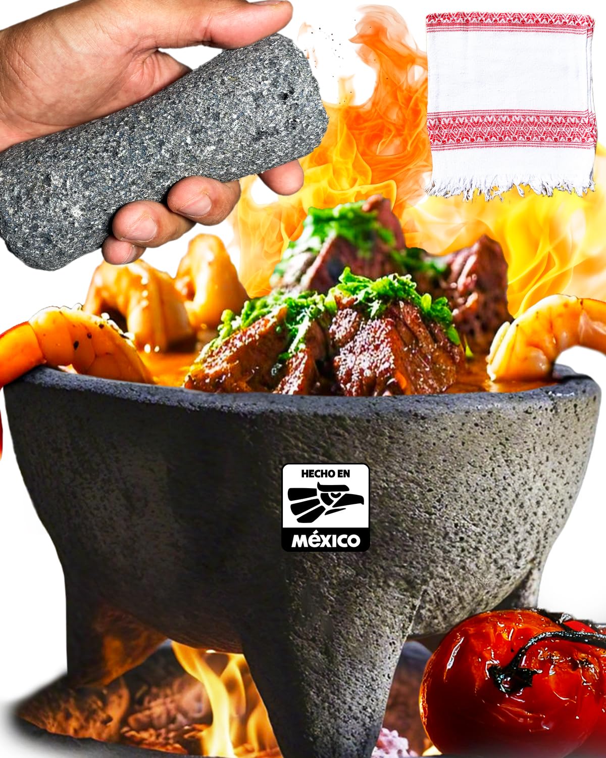Cempasuchil™ Authentic Molcajete Mexicano Volcanic Rock (8 in) + Big Pestle + Mex-Towel (3-Pcs-Set) High-Heat Resistant, Mexican Mortar and Pestle Set, Guacamole Bowl and Masher