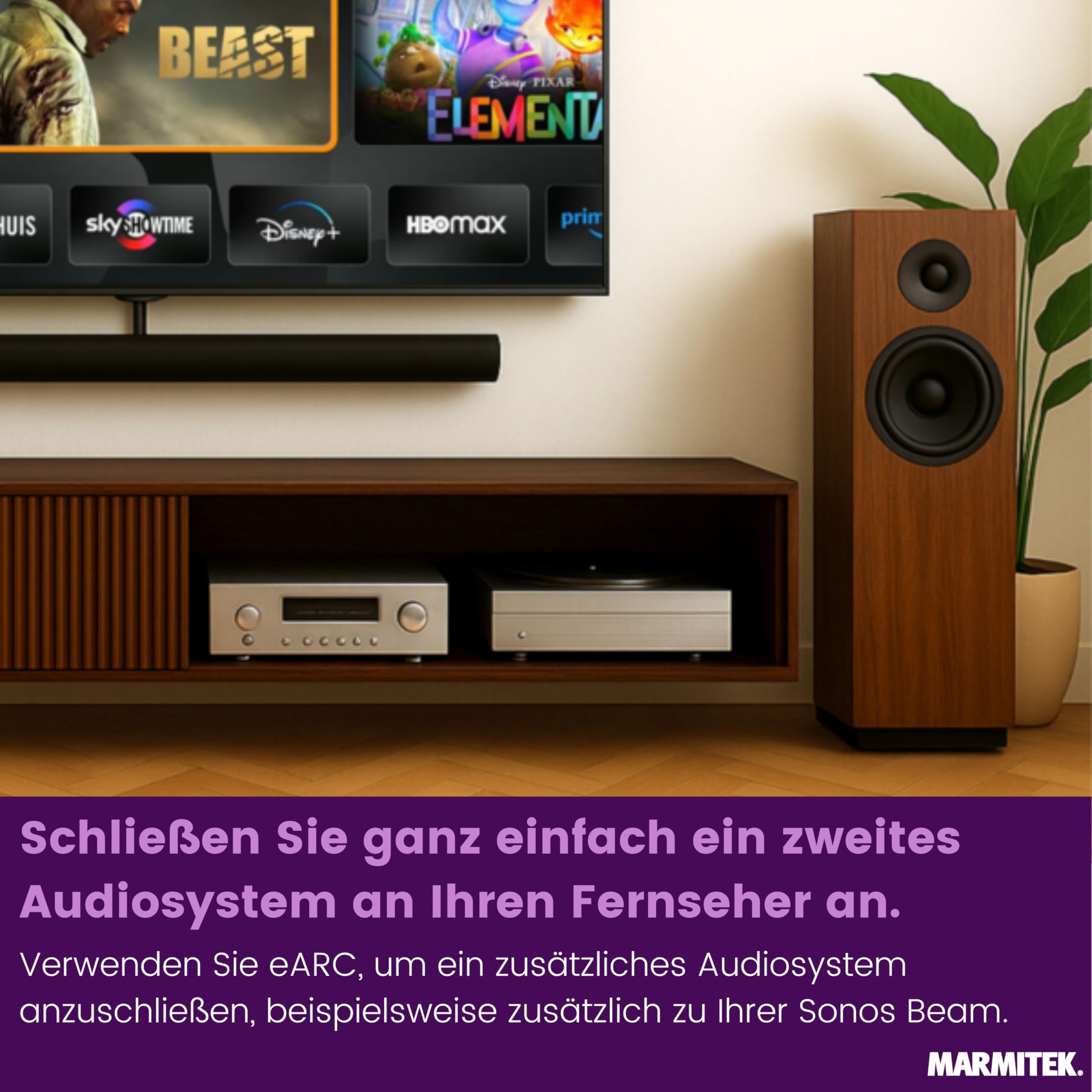 Marmitek Connect AE34 - eARC HDMI Audio Extractor - Konverter für 2 Systeme | Konverter für zwei Audiosysteme am TV mit AV-Receiver + Soundbar, 8K 60Hz, EDID, HDMI 2.1, Dolby Atmos, digital & analog