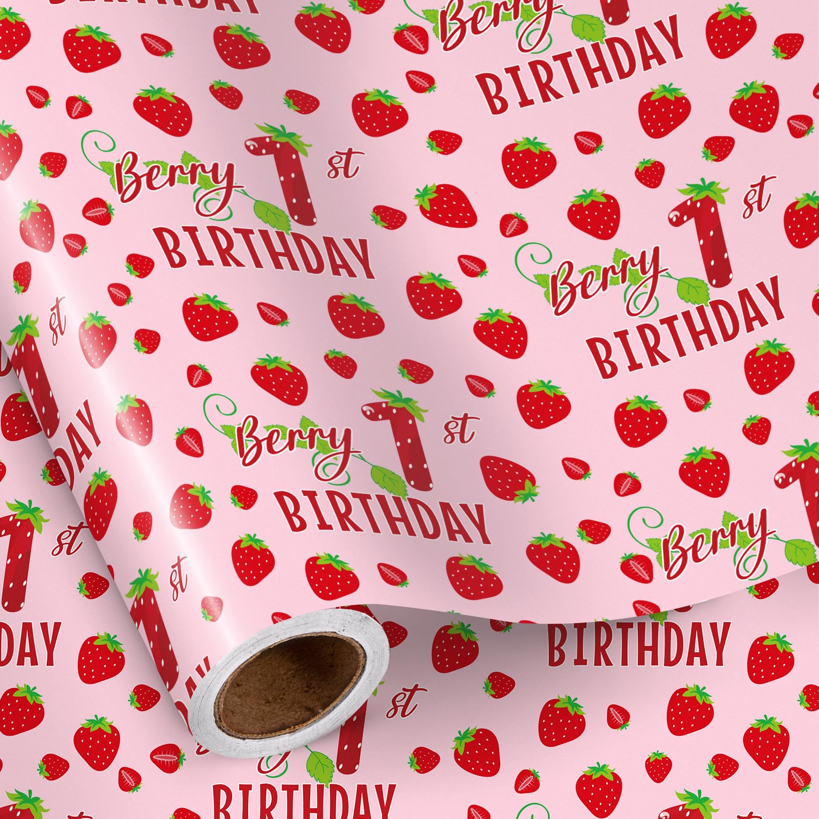 RUSPEPA Berry 1st Birthday Wrapping Paper Mini Roll for Girls, Sweet Pink Strawberry Design for Baby Shower & First Birthday, 43.2cm x 5m