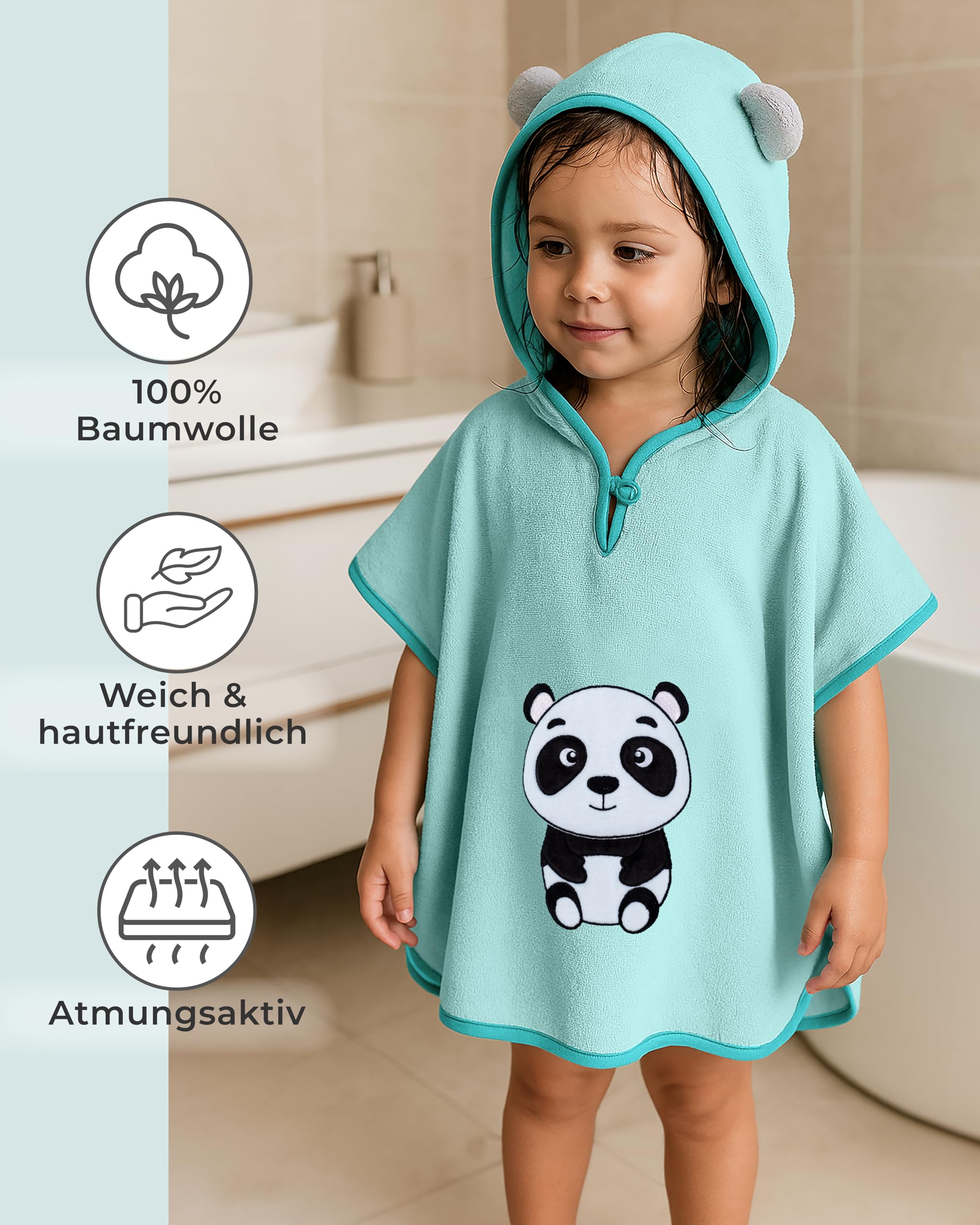 LAYNENBURG Ponczo kąpielowe premium dla dzieci z kapturem – 100% bawełna – Öko-Tex – dla chłopców i dziewczynek, ponczo frotte, Turkusowy - Panda, 3-5 lat
