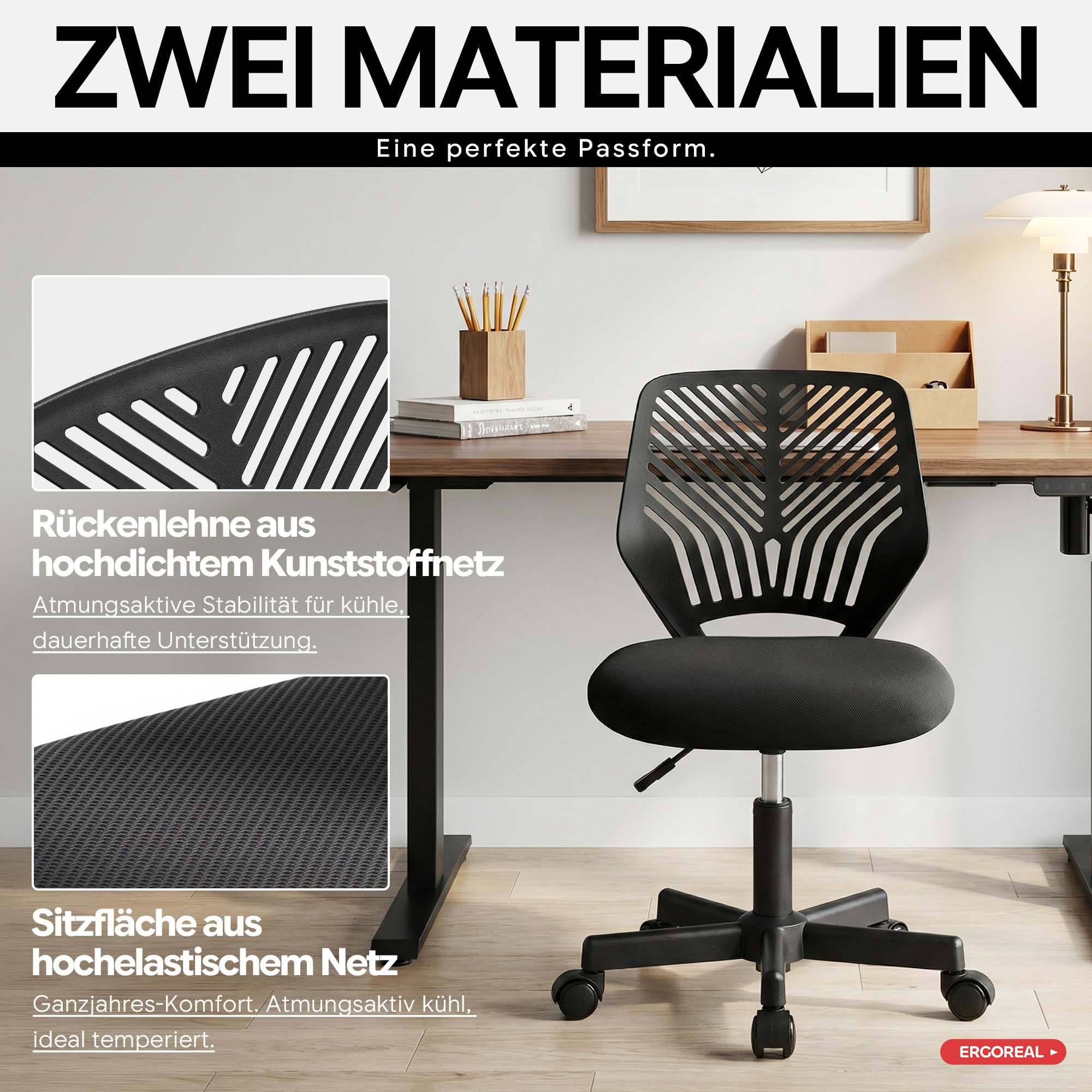 Ergonomischer Bürostuhl ohne Armlehne, Bürostuhl mit Rollen & Höhenverstellung, Bürostuhl Cozy mit Ergonomischer Rückenlehne,Homeoffice/Arbeitszimmer/Studienzimmer (Tiefe Schwarz)