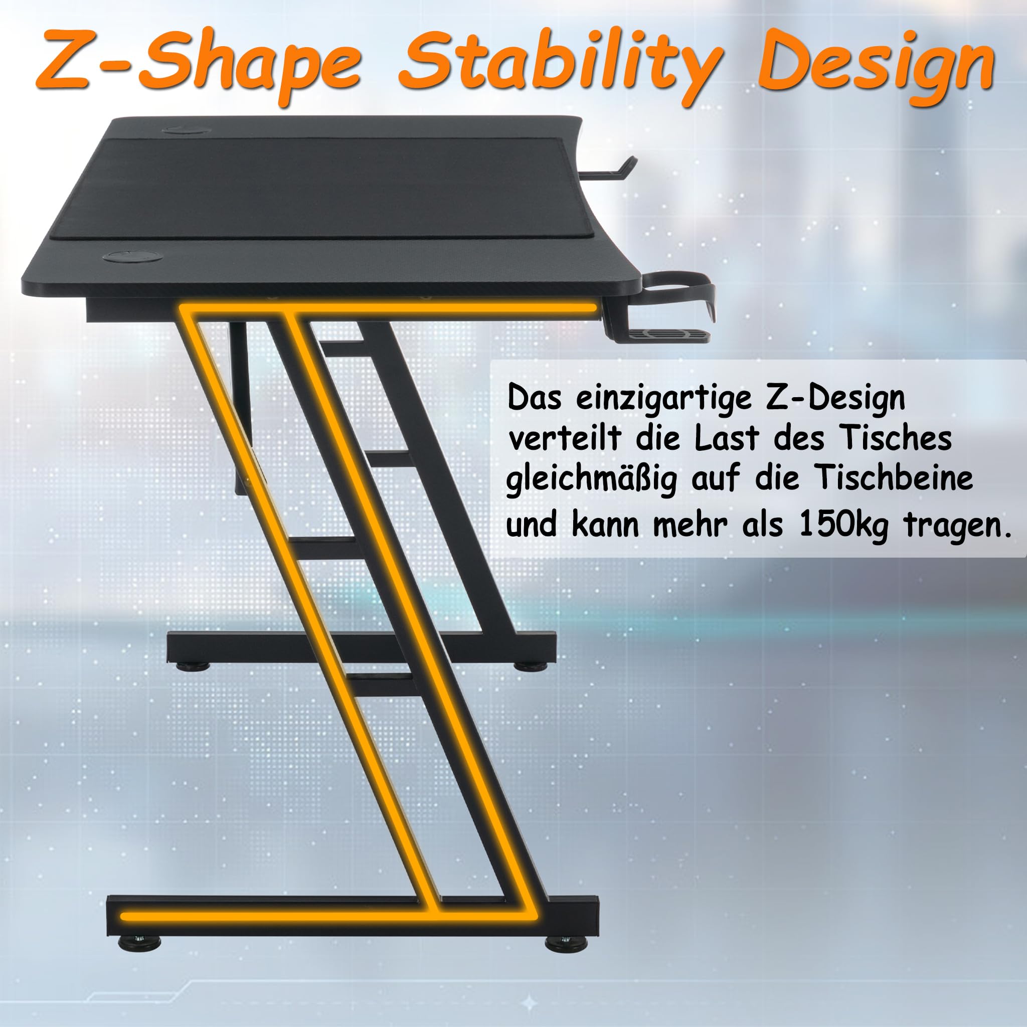 Suusonly Gaming Tisch Profi, 160x60cm Bürotisch & Computertisch mit Getränkehalter, Ergonomischer PC Schreibtisch Gaming, Höhenverstellbarer Schreibtisch Gaming für Gamer, Schwarz -ohne LED
