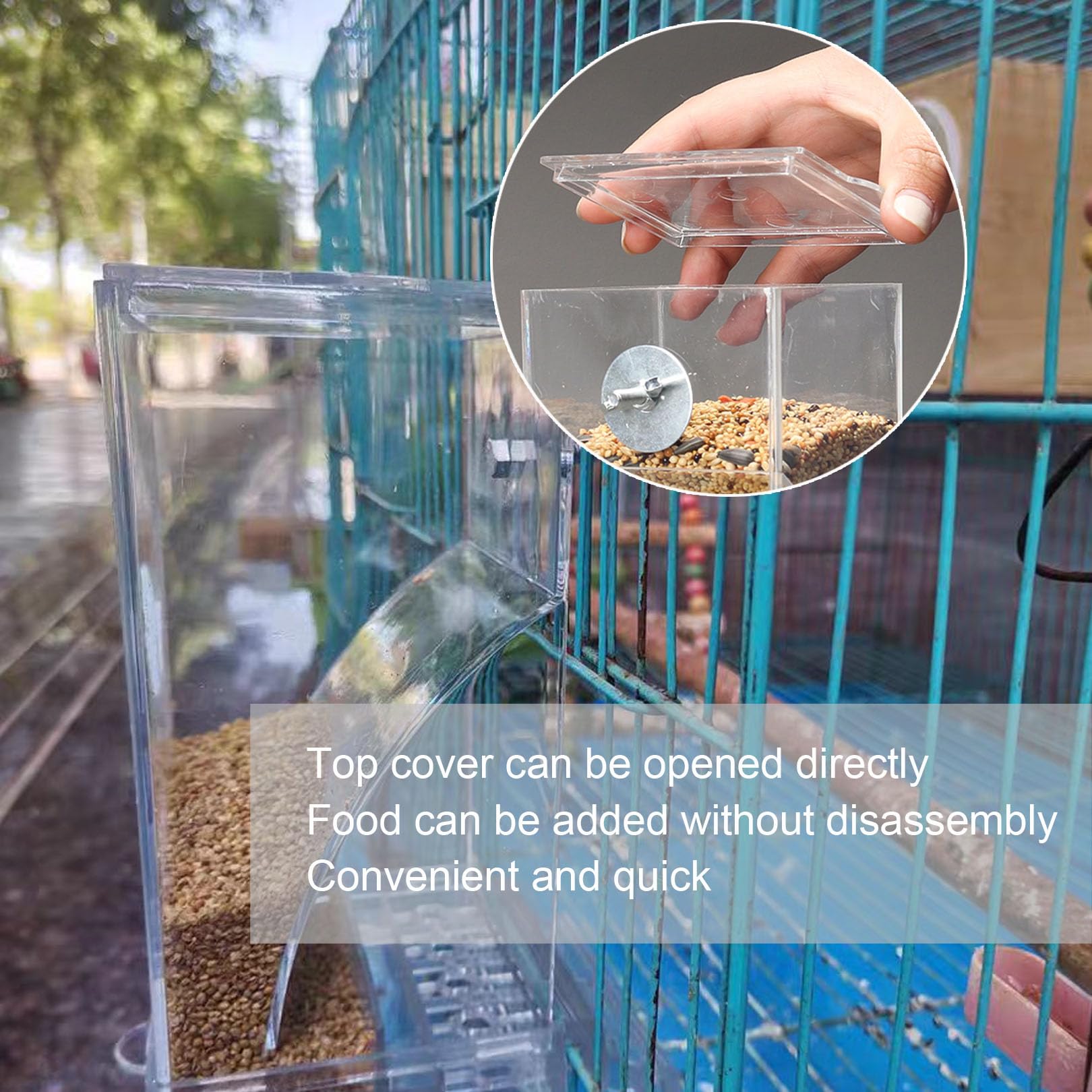 Juego de dispensador de agua para pájaros sin ensuciar, alimentador automático transparente para loros, contenedor de alimentos de acrílico, accesorios para pájaros pequeños, periquitos canarios,