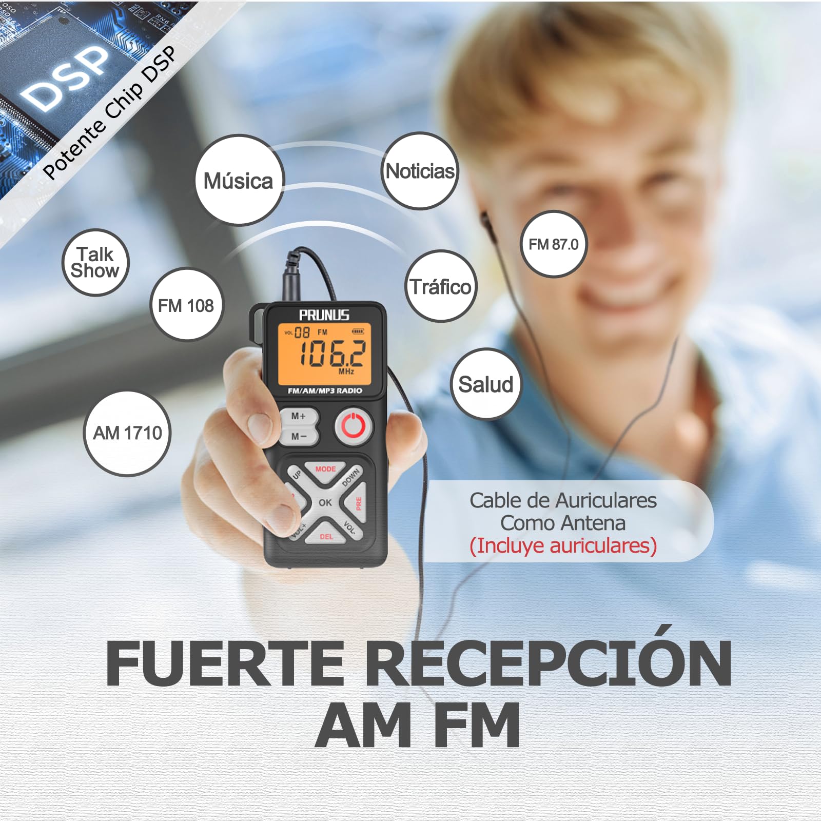 PRUNUS J-988 FM/Am Radio Digital con Preajuste Manual, Radio Portatil Pequeña con Auriculares/Ranura para Tarjeta TF, Carga USB-C, Radios de Bolsillo con Clip Trasero para Caminar, Viajar.