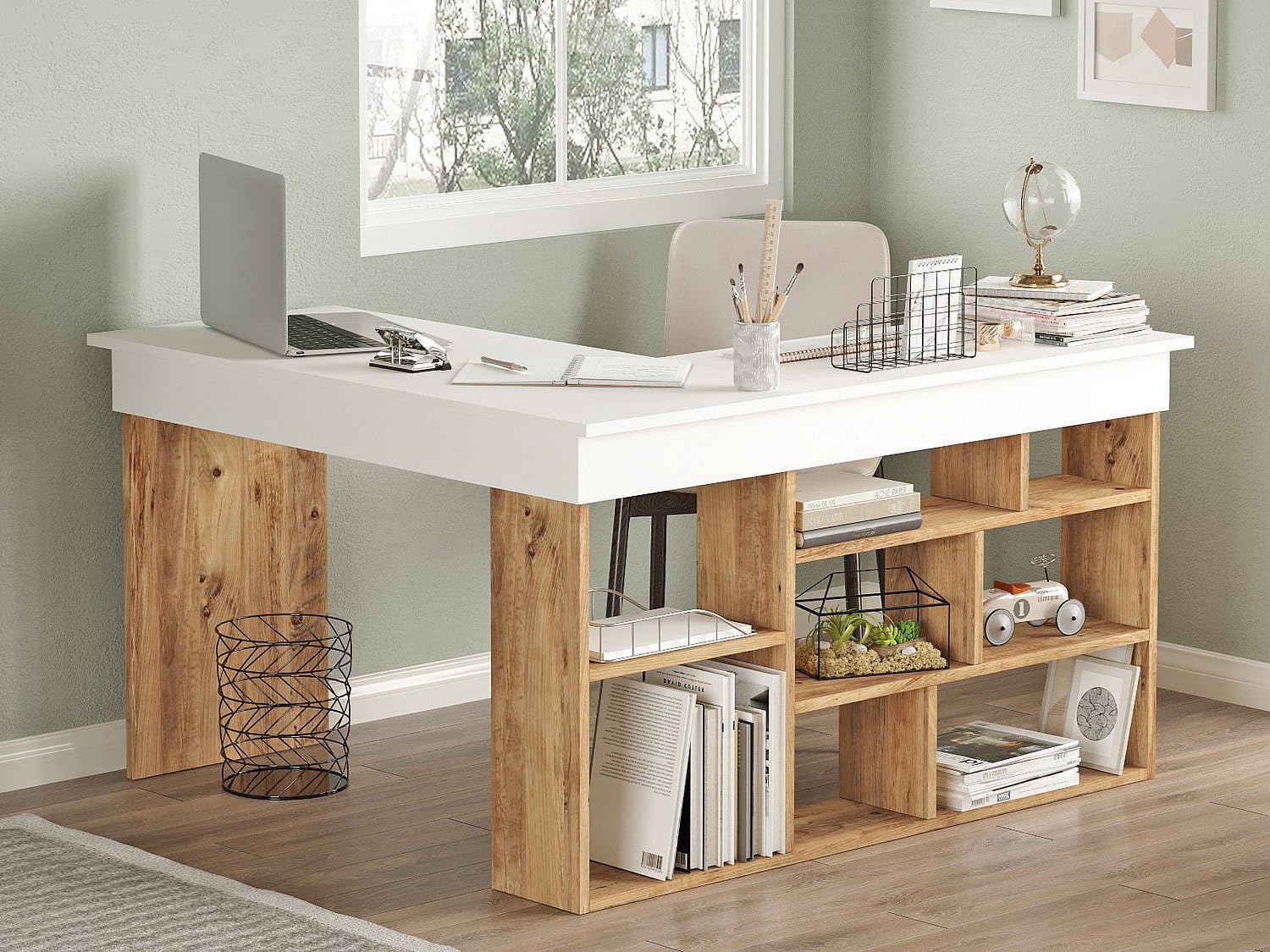 Vente-unique - Escritorio de Esquina con Almacenamiento - Color: Blanco y Natural - LILEUL