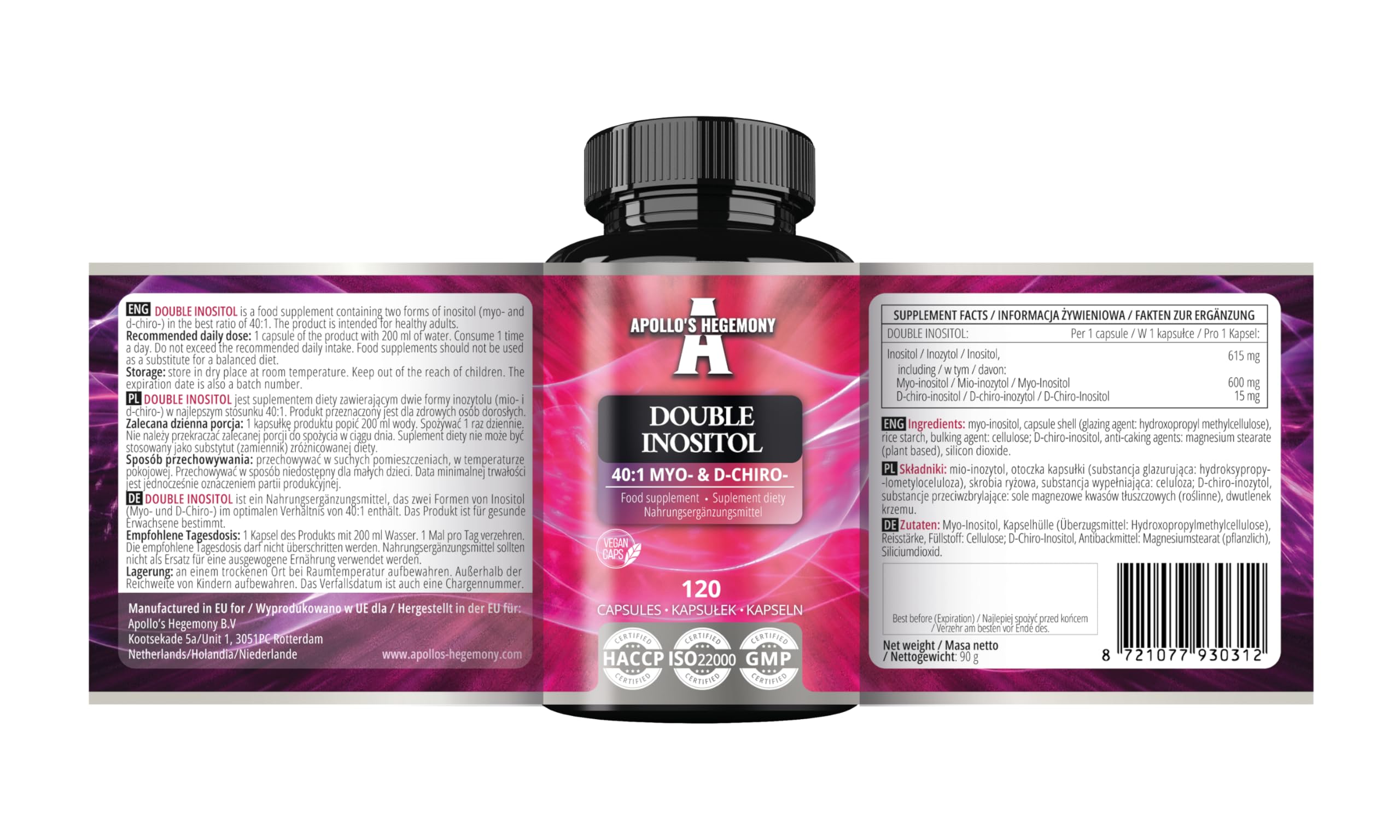 Doppio Inositolo 120 Capsule Vegane - Myo-Inositolo + D-chiro-inositolo in un rapporto ottimale di 40:1-615 mg per capsula - Fornitura per 4 mesi - Integratore di vitamina B8 - da Apollo's Hegemony